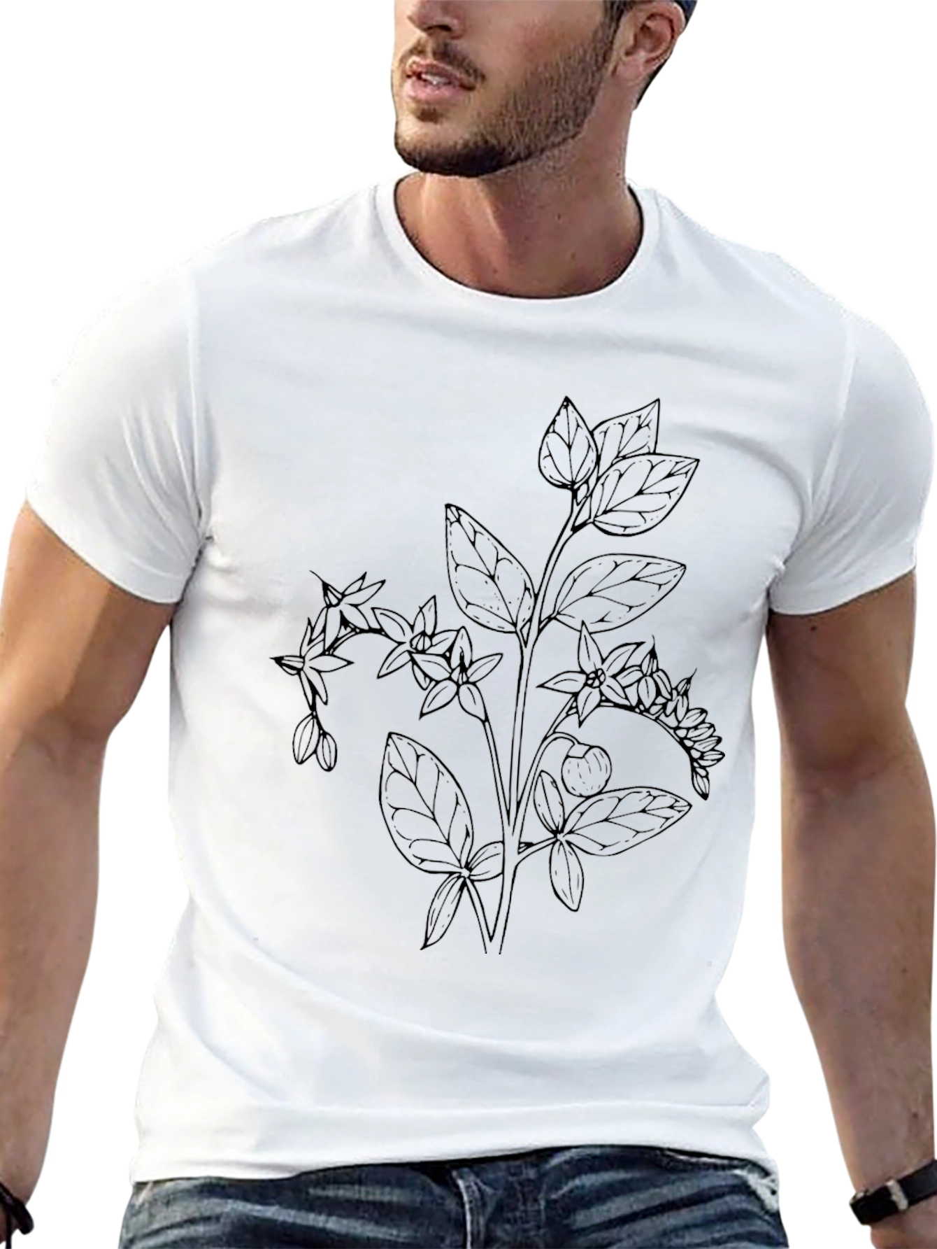 Botanical Line Art Black T-Shirt