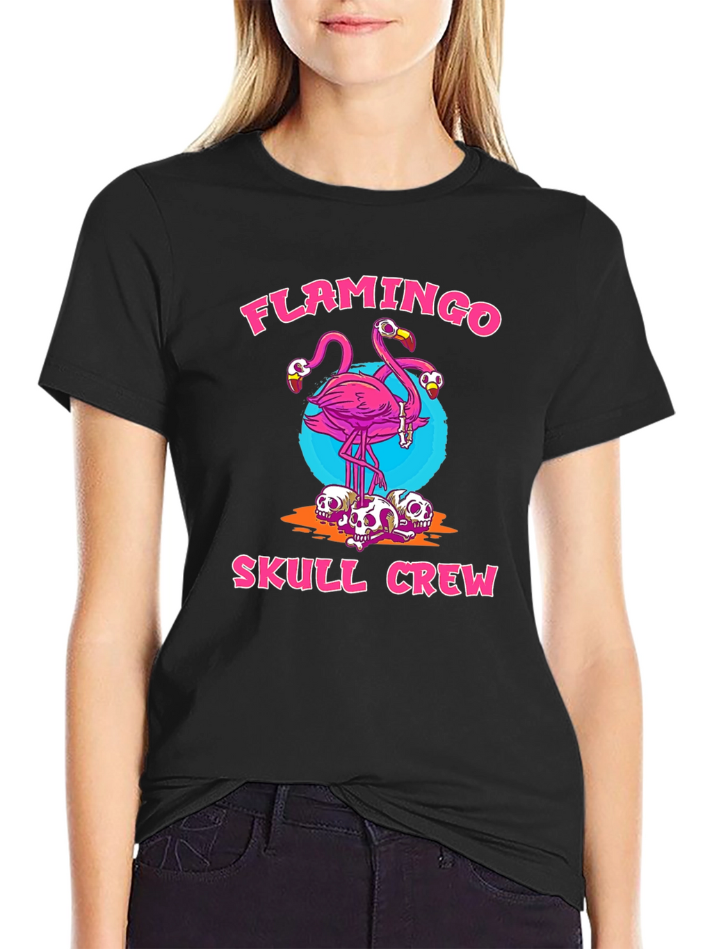 Flamingo Skull Crew Graphic Tee - Trendy & Unique