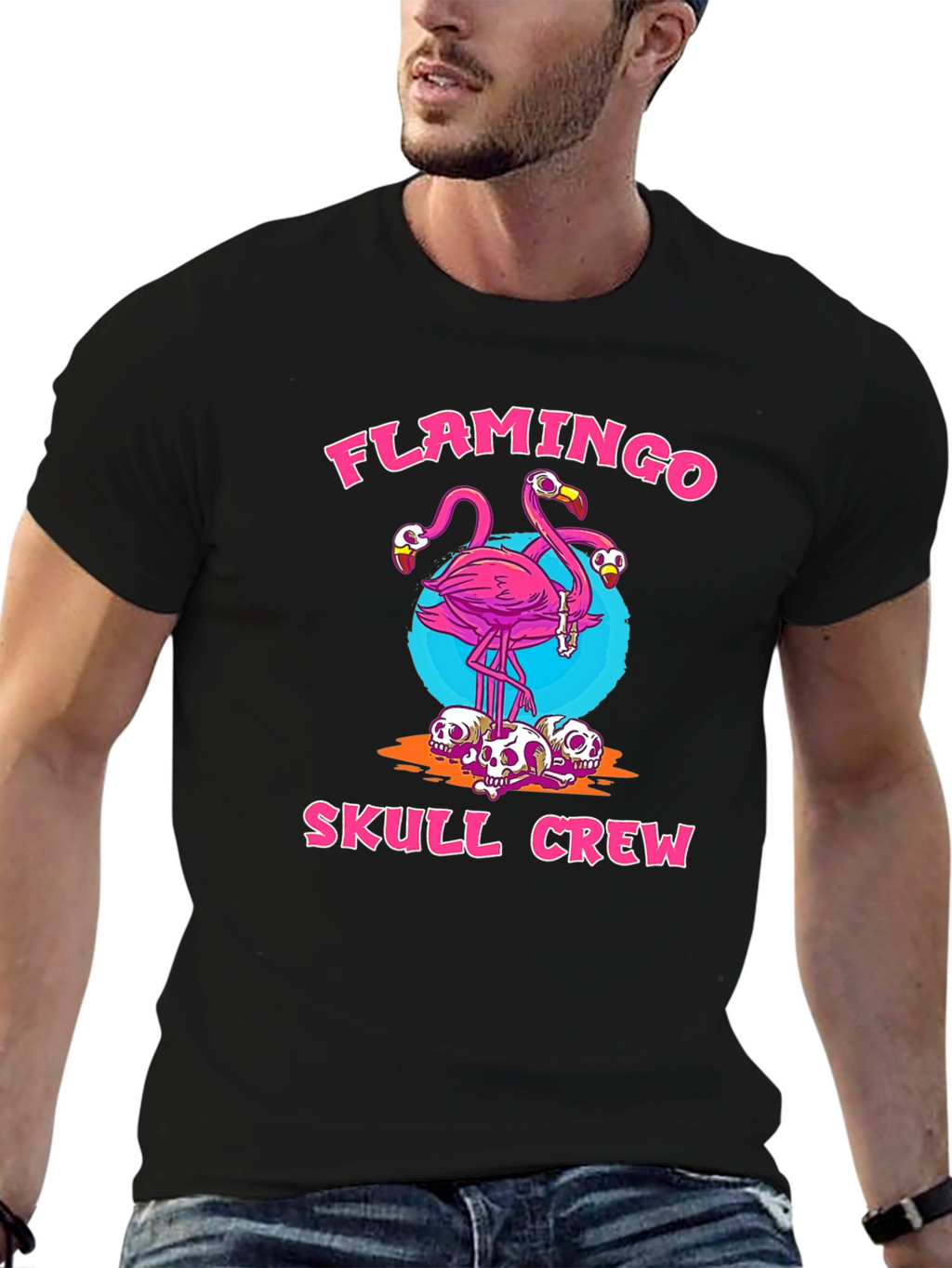 Flamingo Skull Crew Graphic Tee - Trendy & Unique