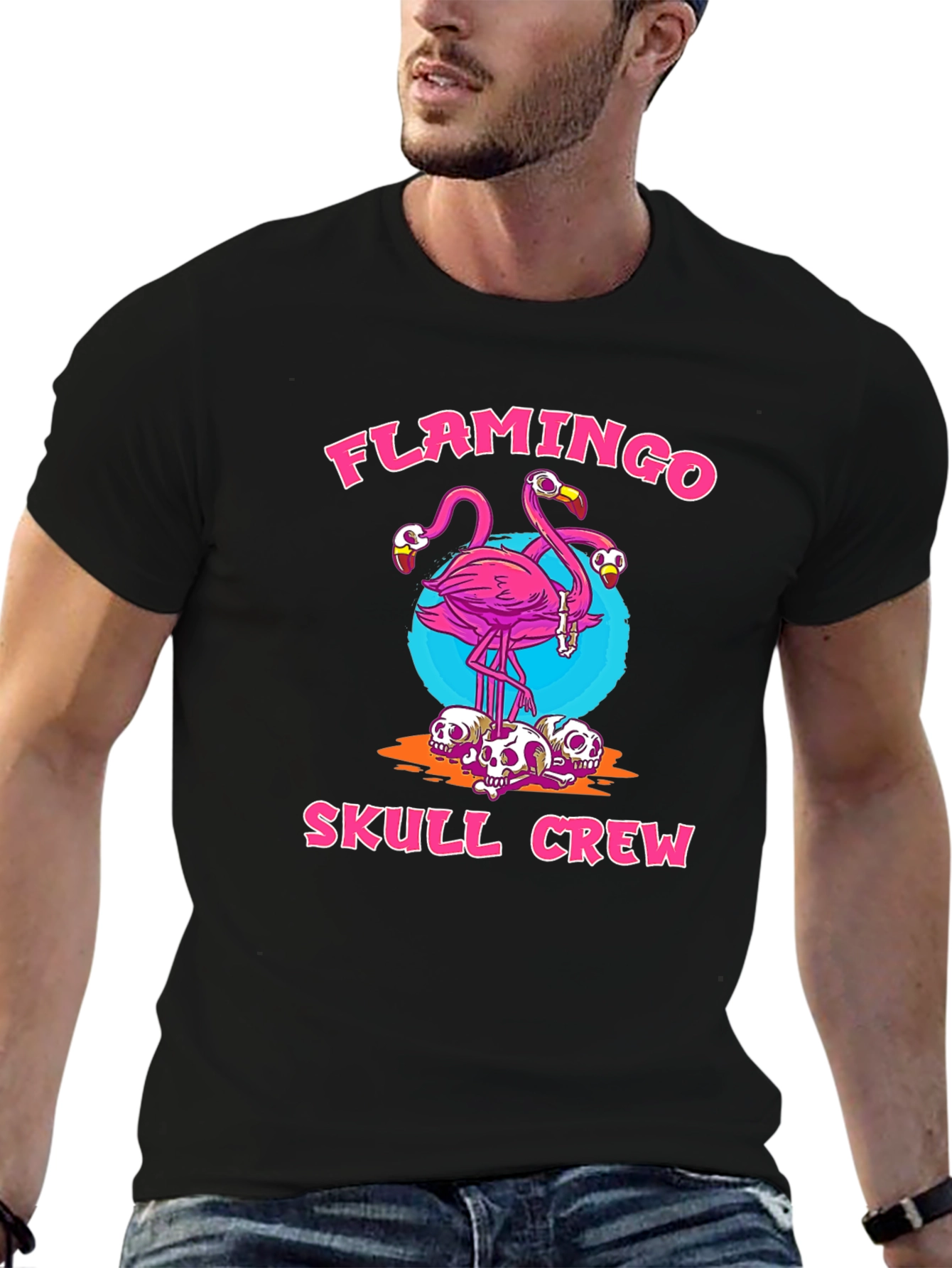 Flamingo Skull Crew Graphic Tee - Trendy & Unique