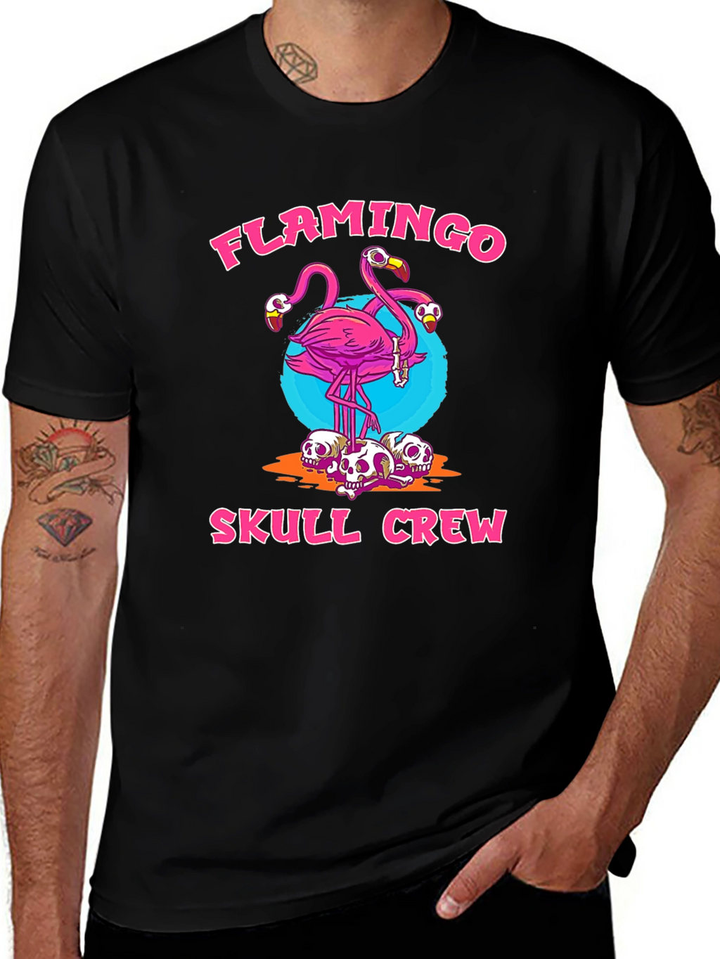 Flamingo Skull Crew Graphic Tee - Trendy & Unique