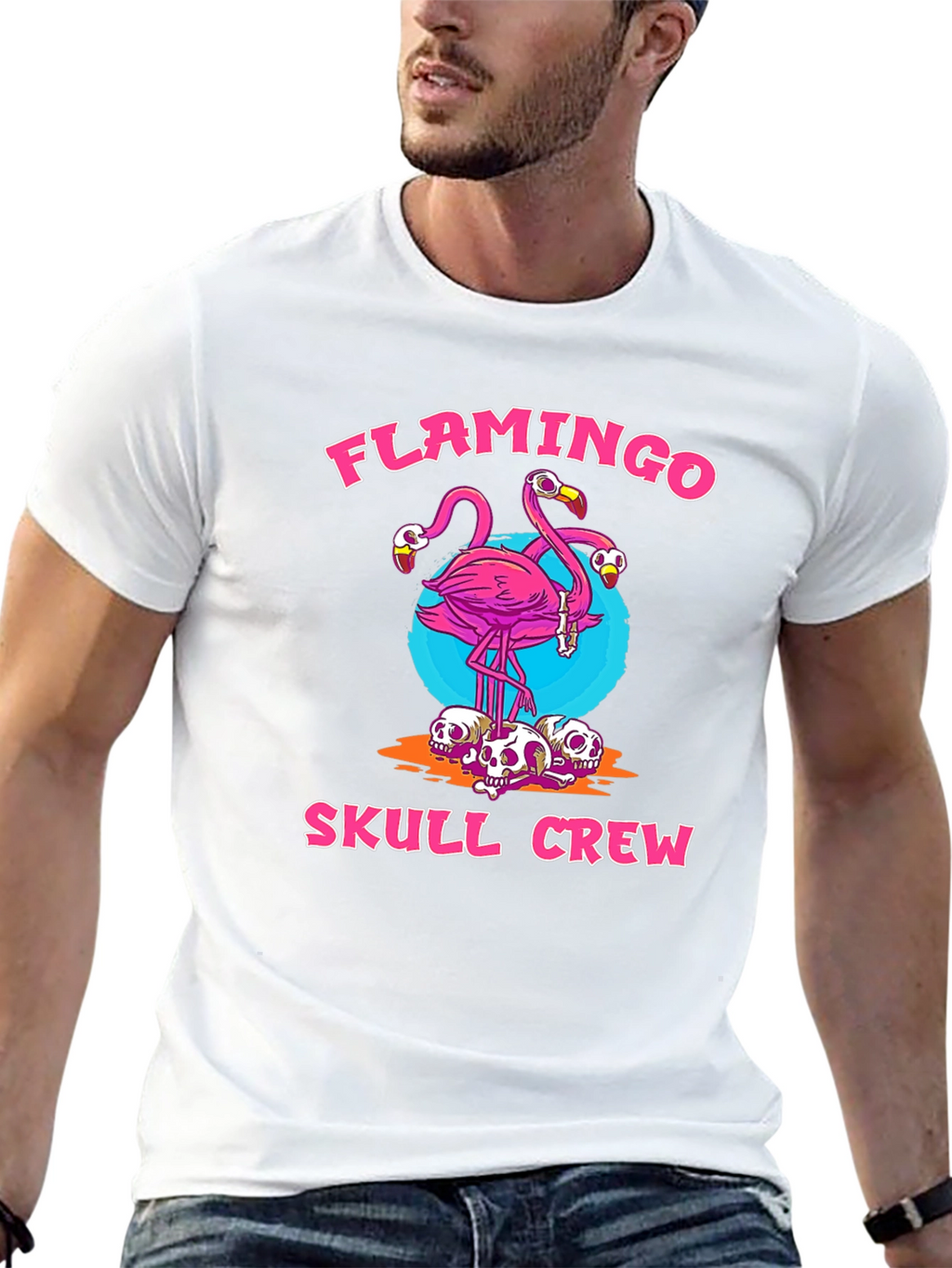 Flamingo Skull Crew Graphic Tee - Trendy & Unique