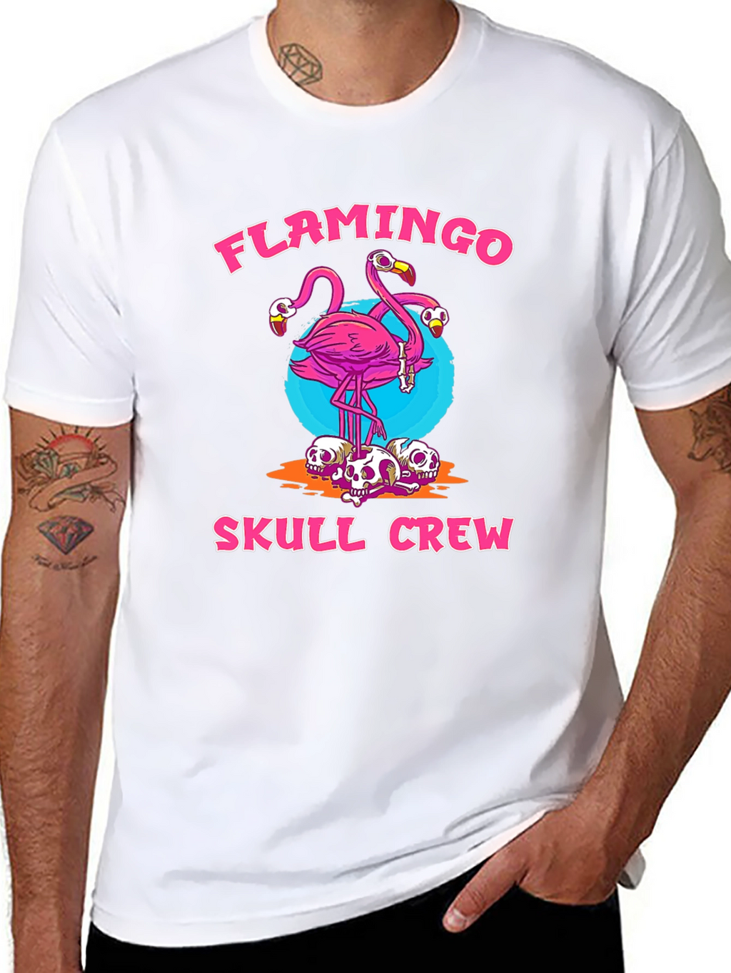 Flamingo Skull Crew Graphic Tee - Trendy & Unique