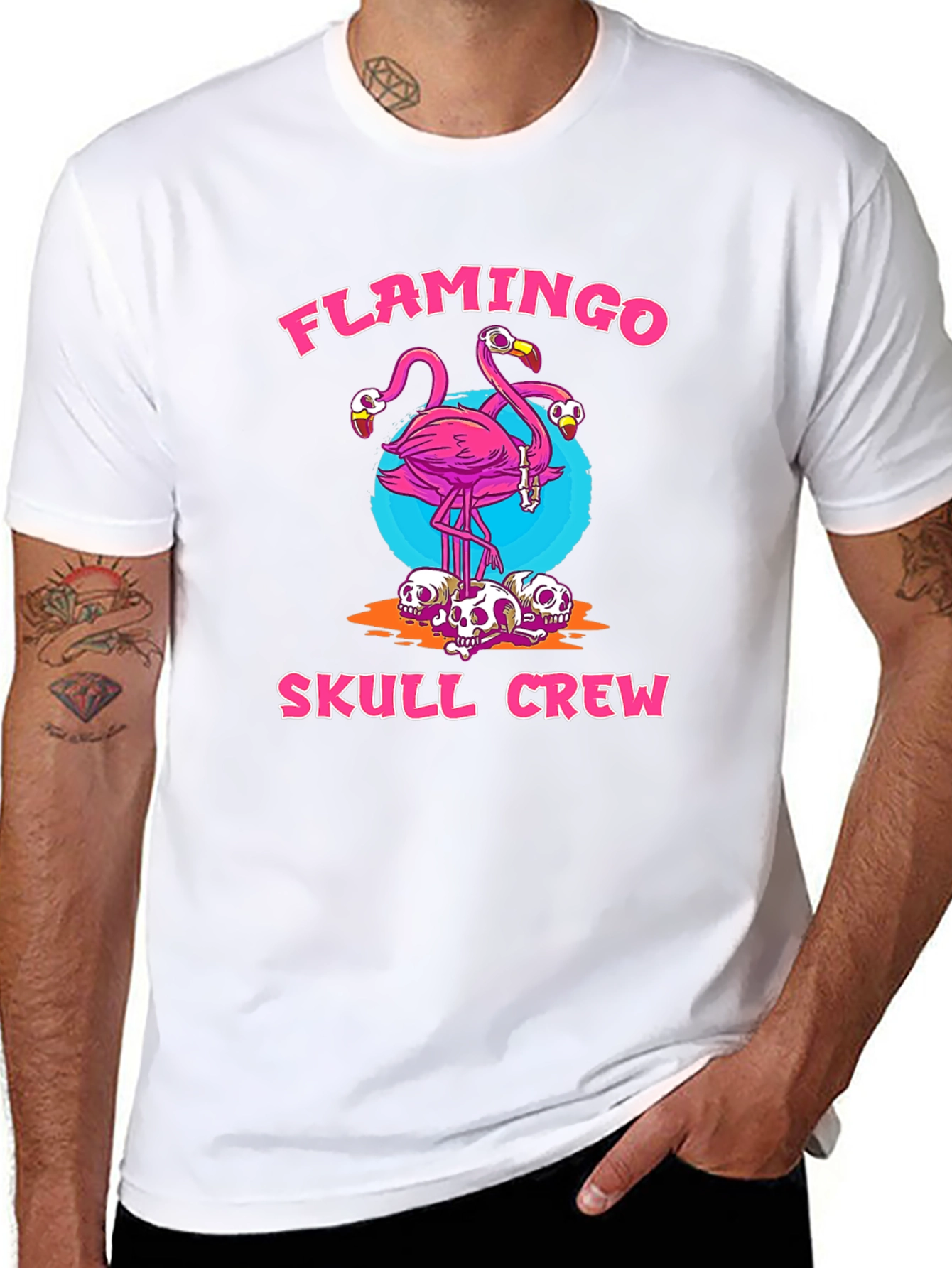 Flamingo Skull Crew Graphic Tee - Trendy & Unique