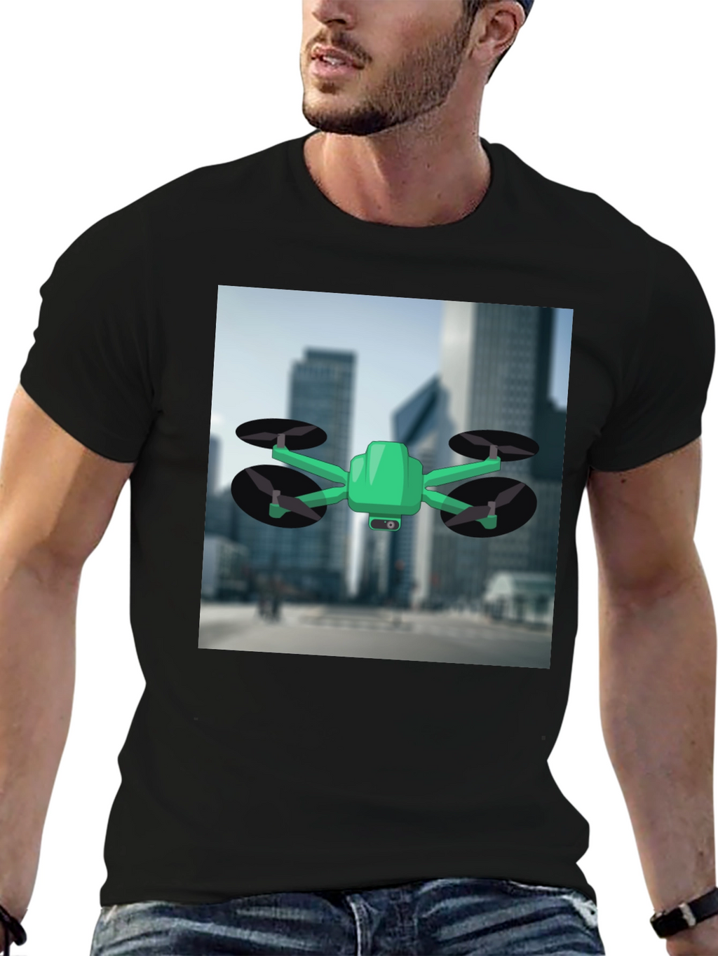 Drone T-Shirt - Black Cotton Tee with Drone Graphic