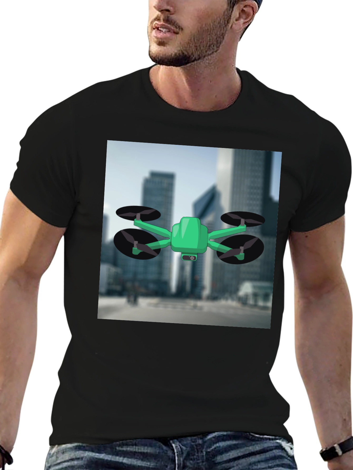 Drone T-Shirt - Black Cotton Tee with Drone Graphic