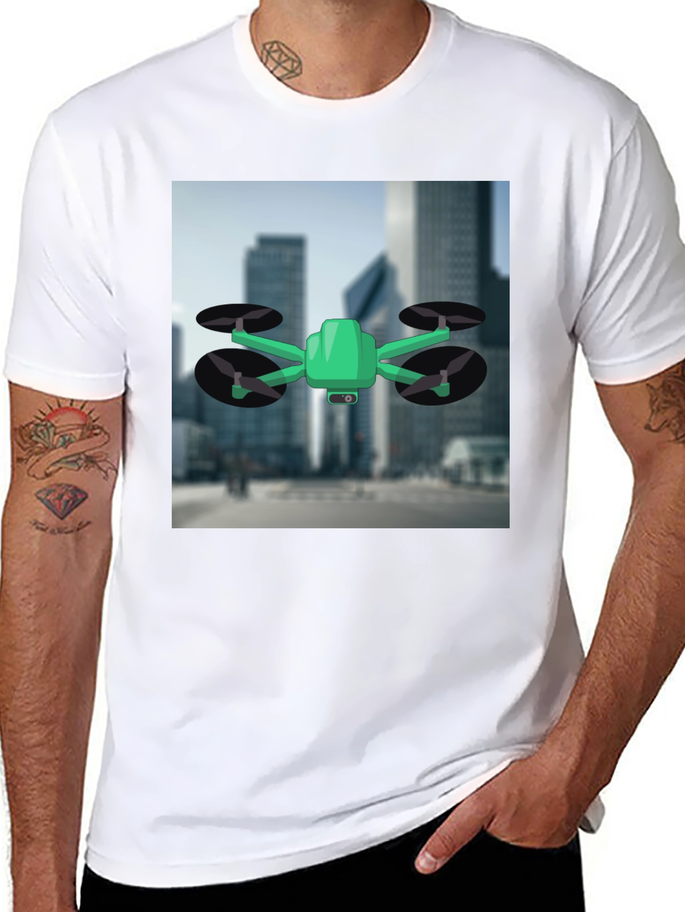 Drone T-Shirt - Black Cotton Tee with Drone Graphic
