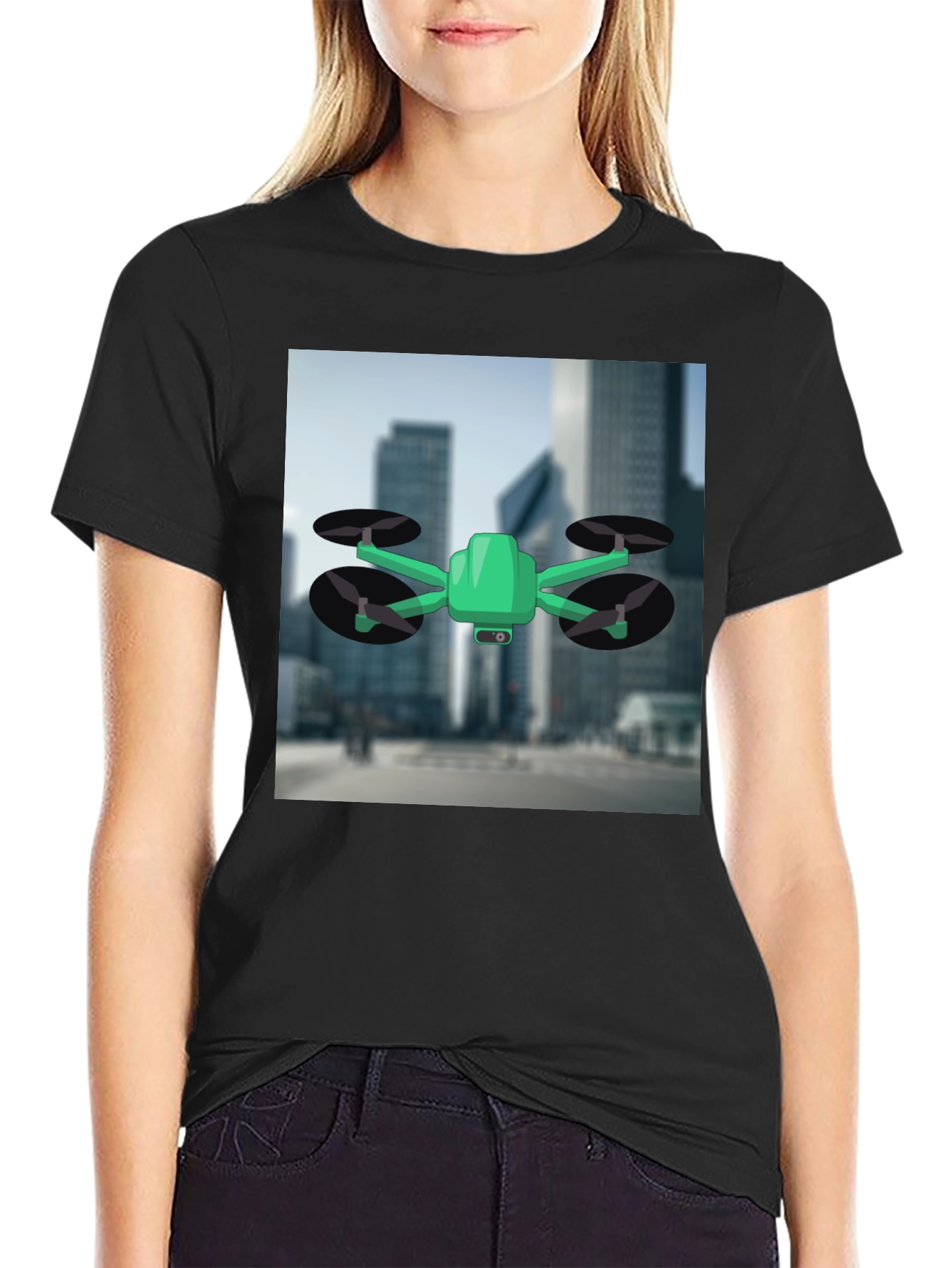 Drone T-Shirt - Black Cotton Tee with Drone Graphic
