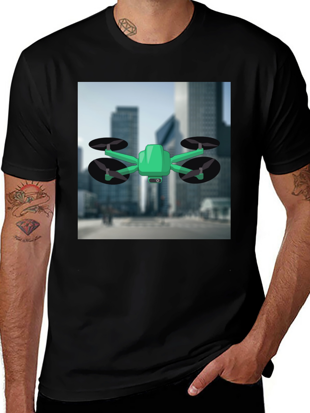 Drone T-Shirt - Black Cotton Tee with Drone Graphic