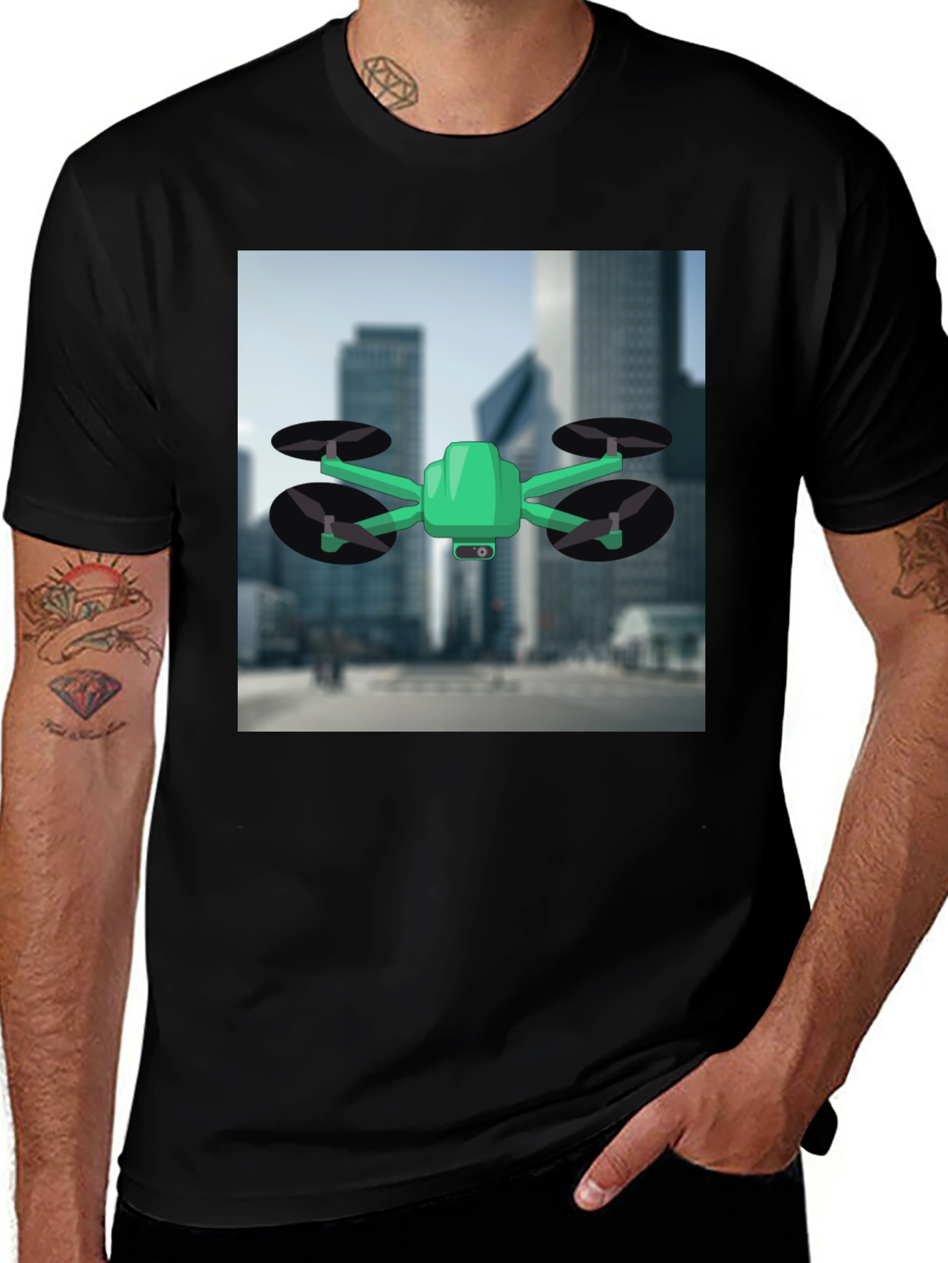 Drone T-Shirt - Black Cotton Tee with Drone Graphic