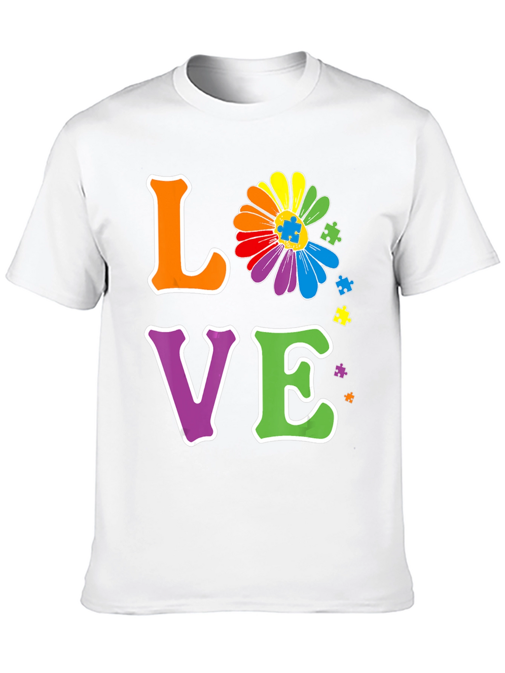 Love Autism Awareness T-Shirt Rainbow Flower Puzzle