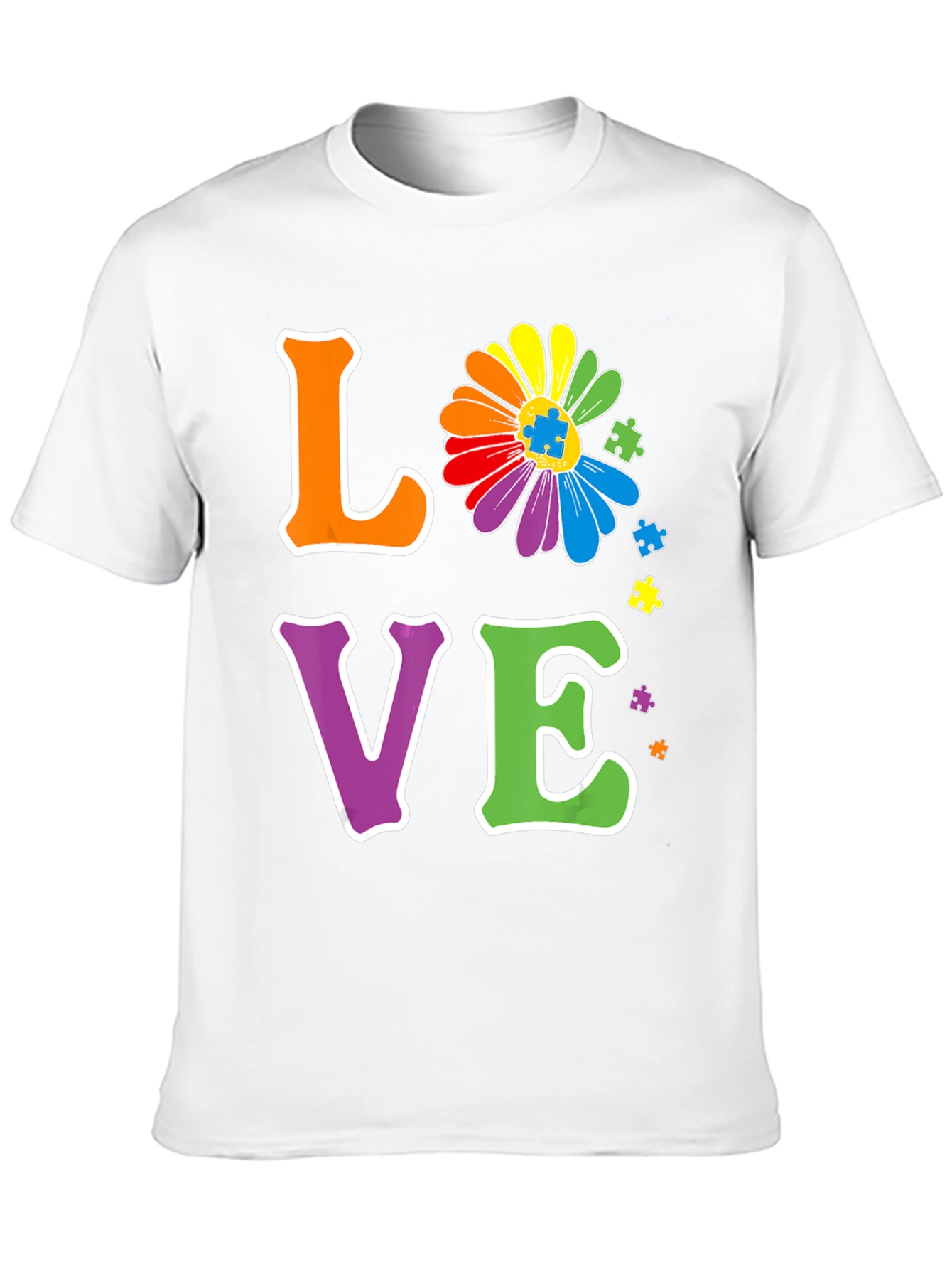 Love Autism Awareness T-Shirt Rainbow Flower Puzzle