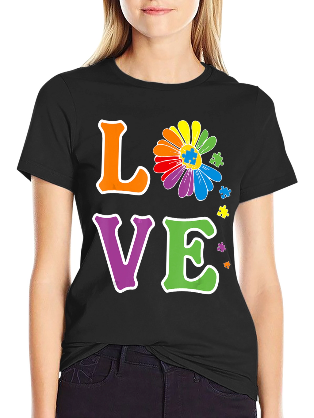 Love Autism Awareness T-Shirt Rainbow Flower Puzzle