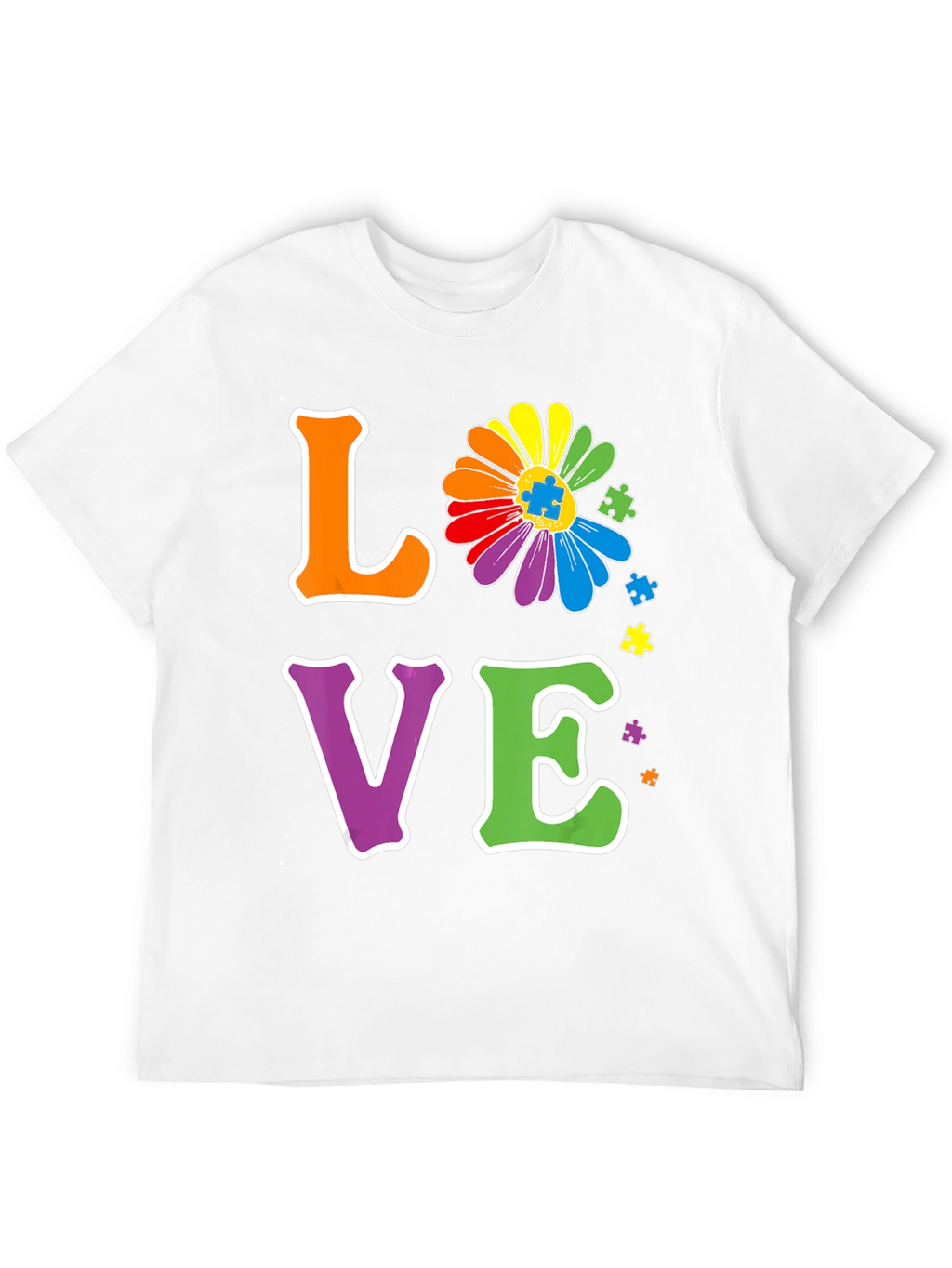 Love Autism Awareness T-Shirt Rainbow Flower Puzzle