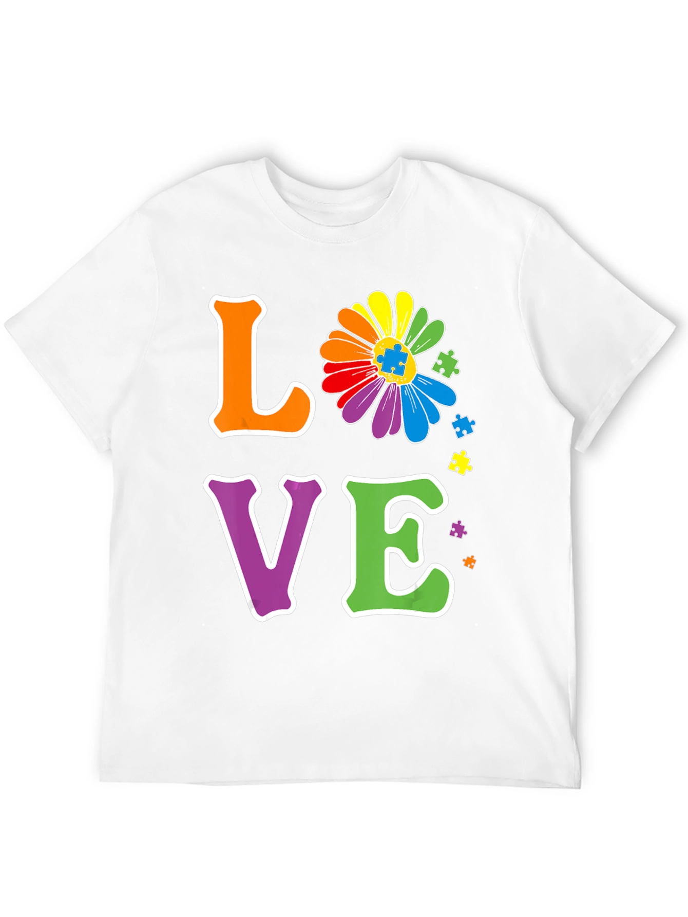 Love Autism Awareness T-Shirt Rainbow Flower Puzzle