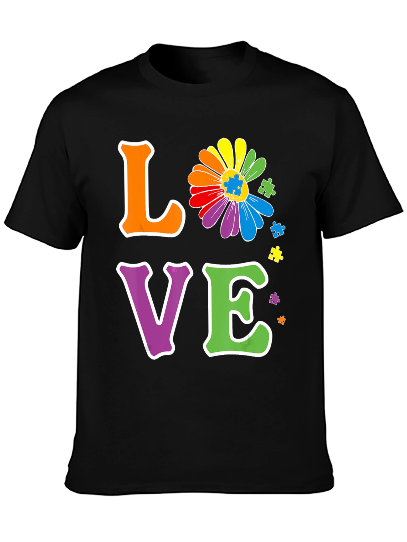 Love Autism Awareness T-Shirt Rainbow Flower Puzzle