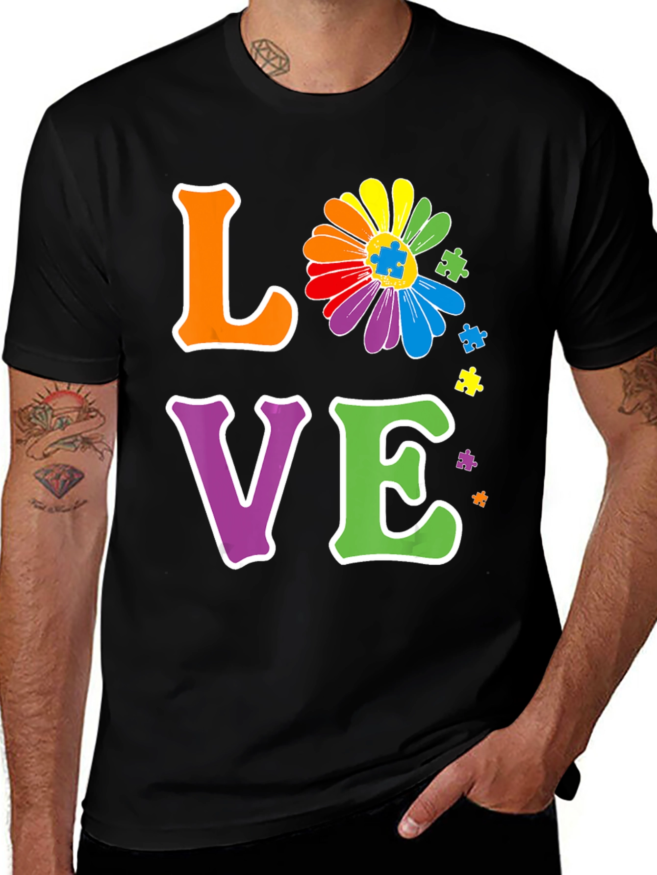 Love Autism Awareness T-Shirt Rainbow Flower Puzzle