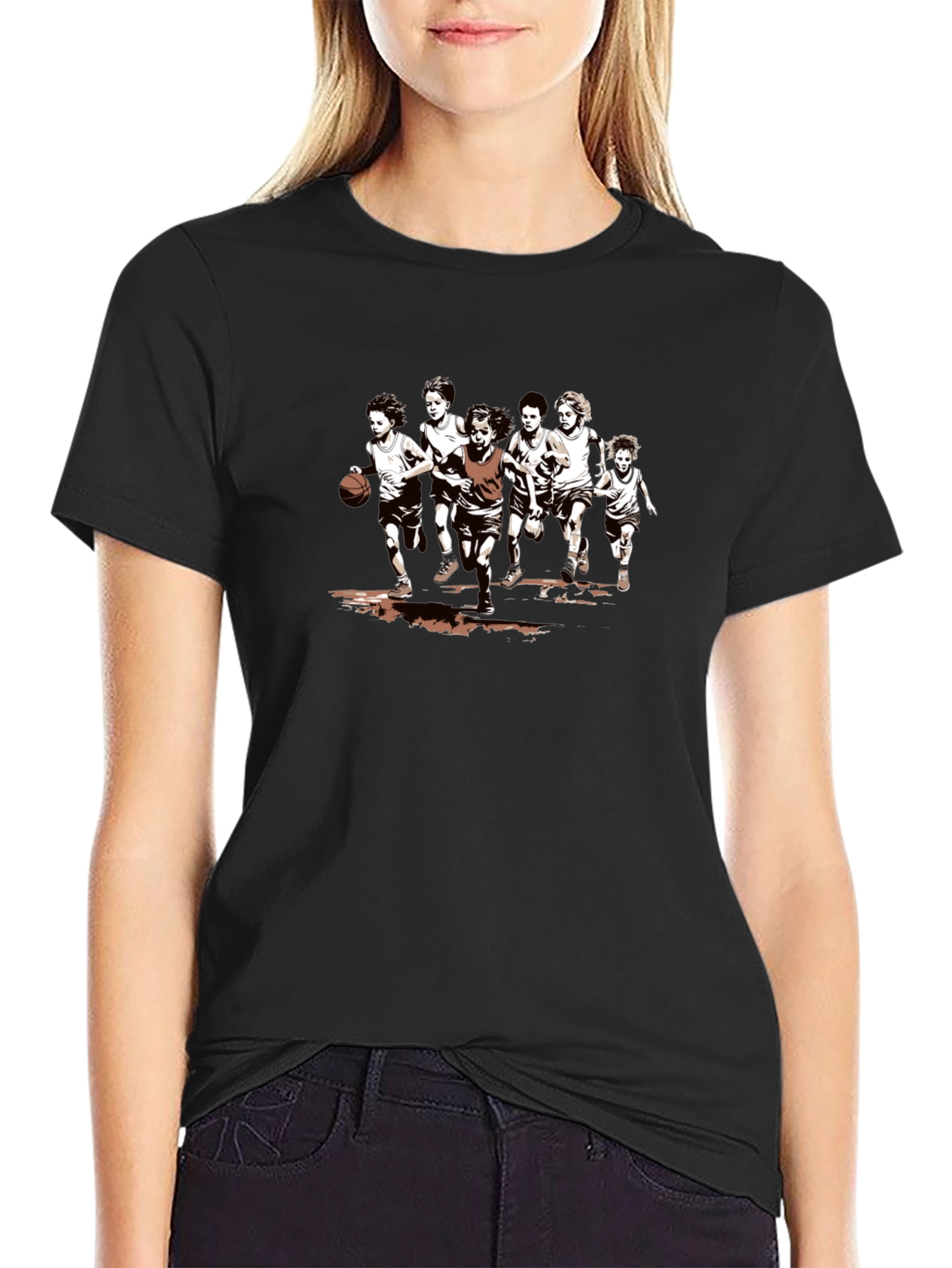Boys Basketball Graphic Tee - Black Cotton T-Shirt