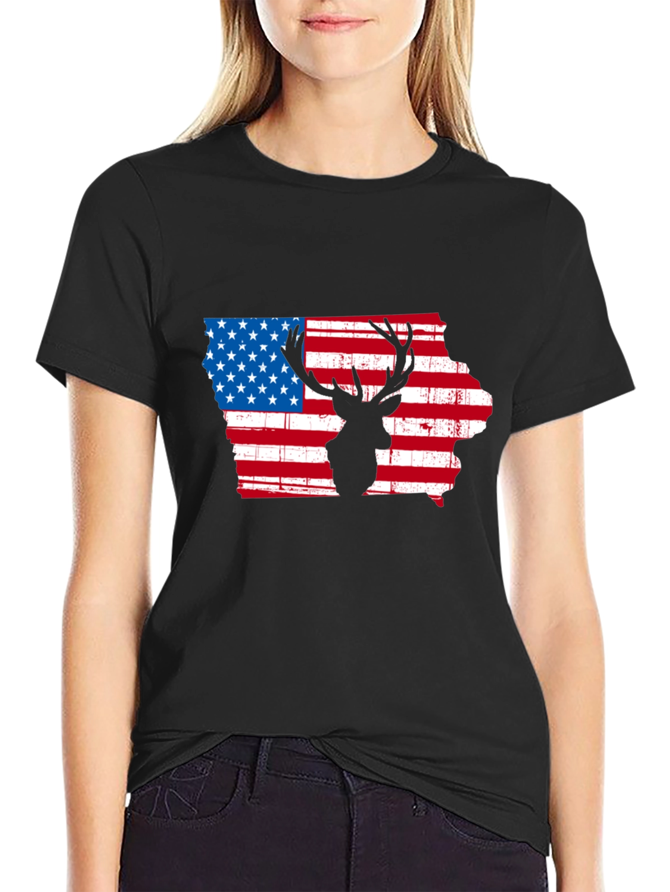 Iowa Deer Silhouette American Flag T-Shirt