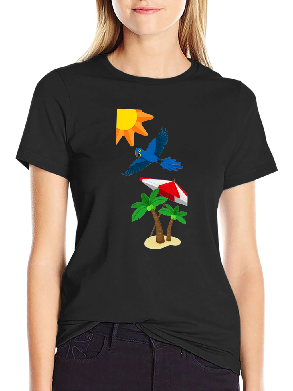 Tropical Print T-Shirt: Sun Parrot Palms Beach