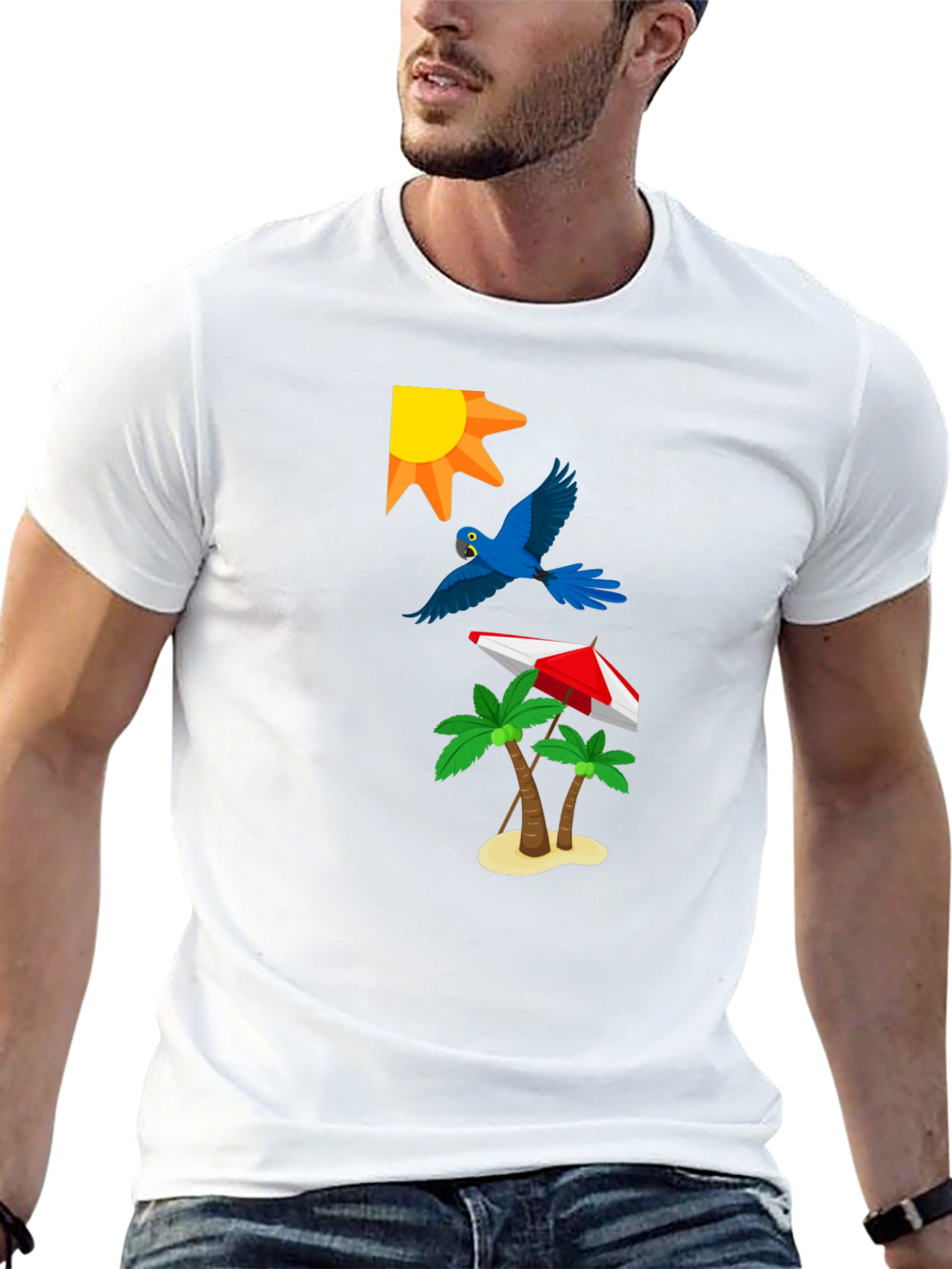 Tropical Print T-Shirt: Sun Parrot Palms Beach