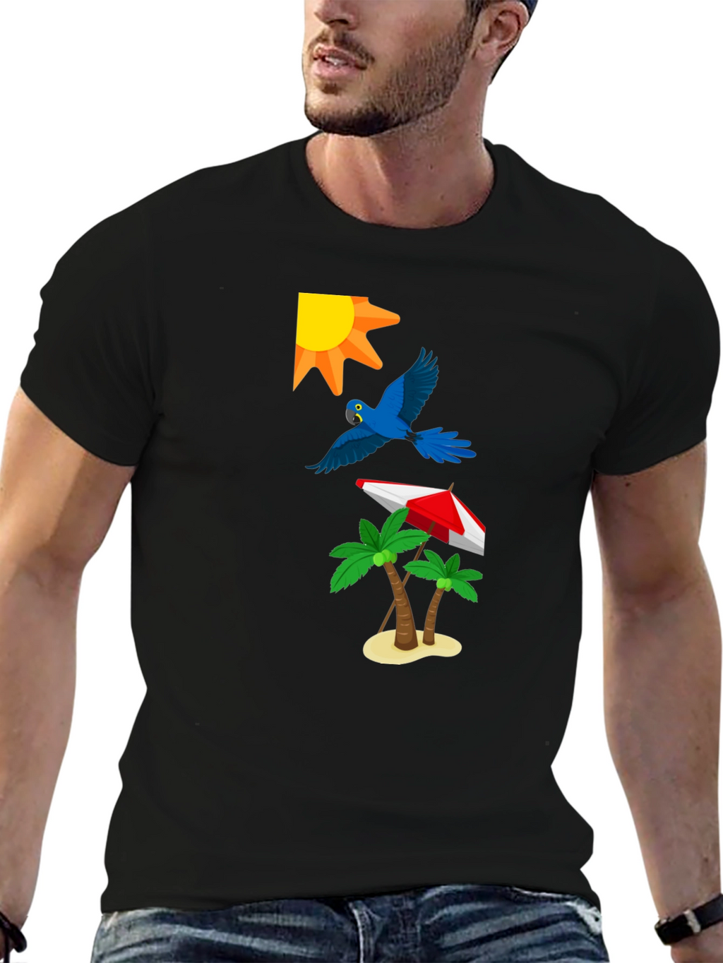 Tropical Print T-Shirt: Sun Parrot Palms Beach