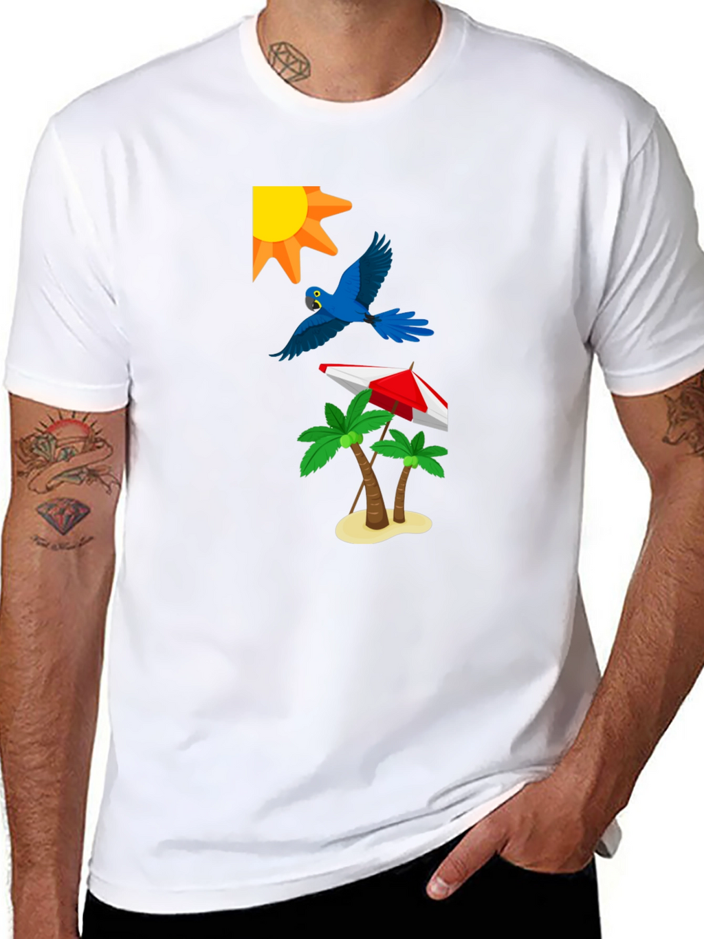 Tropical Print T-Shirt: Sun Parrot Palms Beach