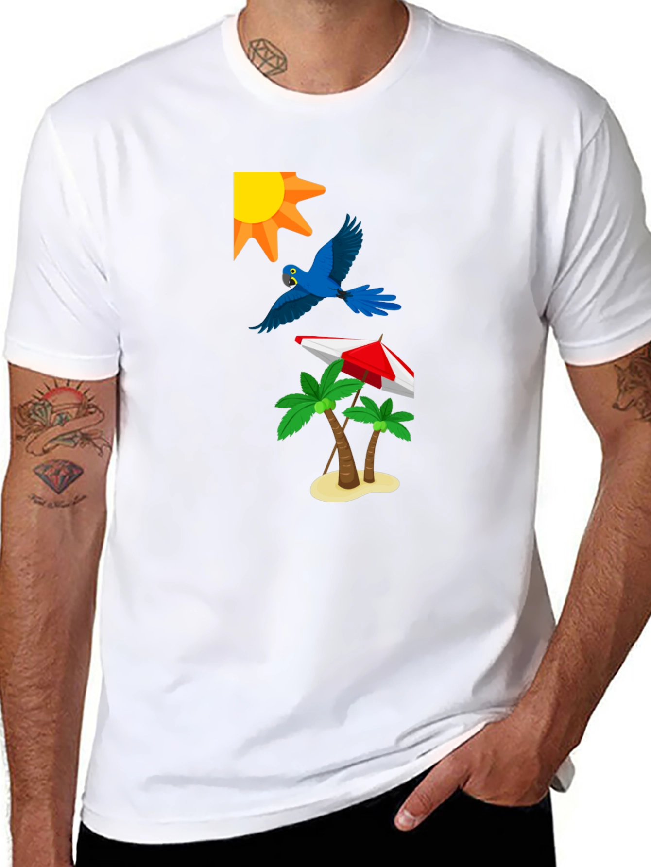 Tropical Print T-Shirt: Sun Parrot Palms Beach