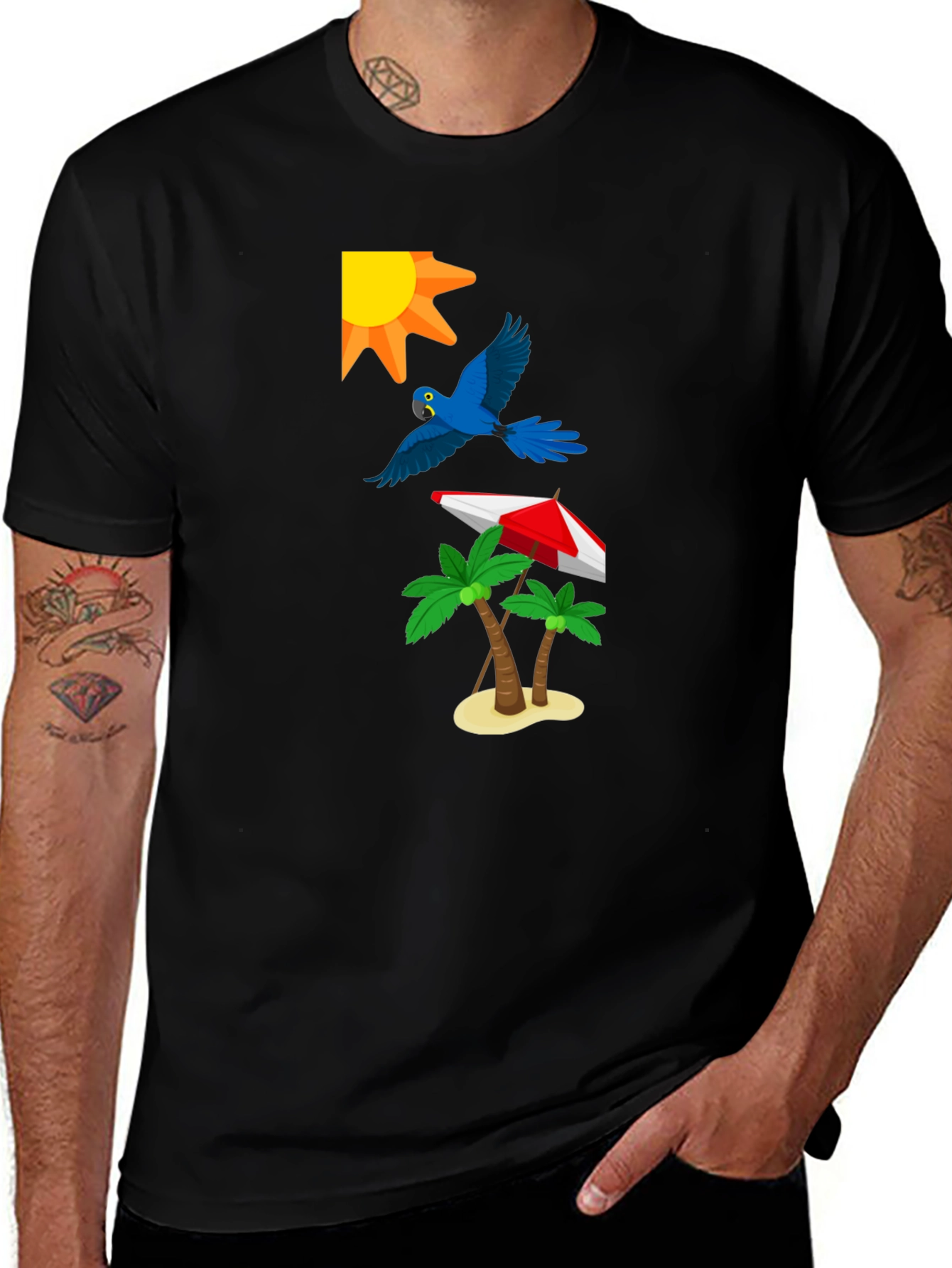 Tropical Print T-Shirt: Sun Parrot Palms Beach