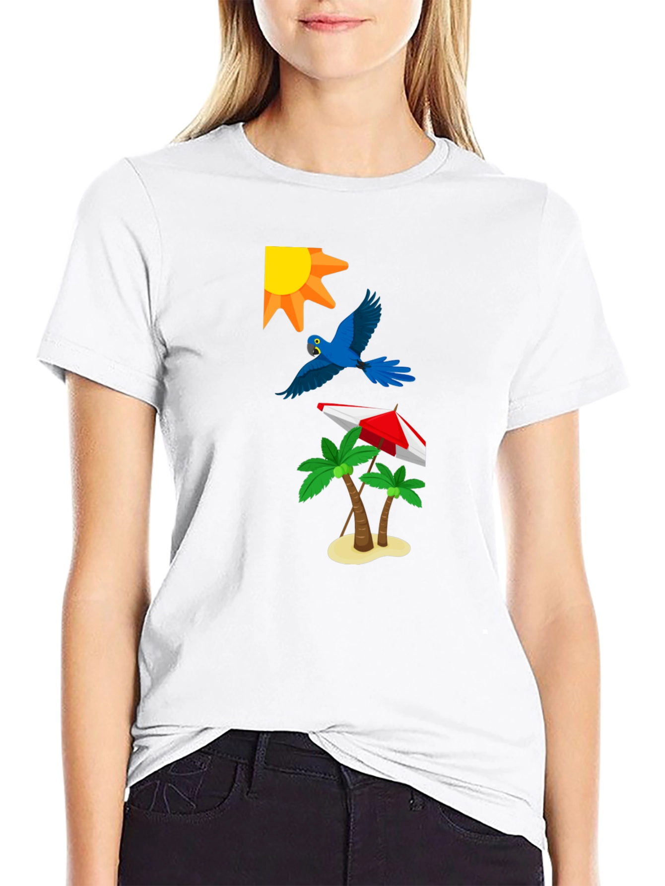 Tropical Print T-Shirt: Sun Parrot Palms Beach