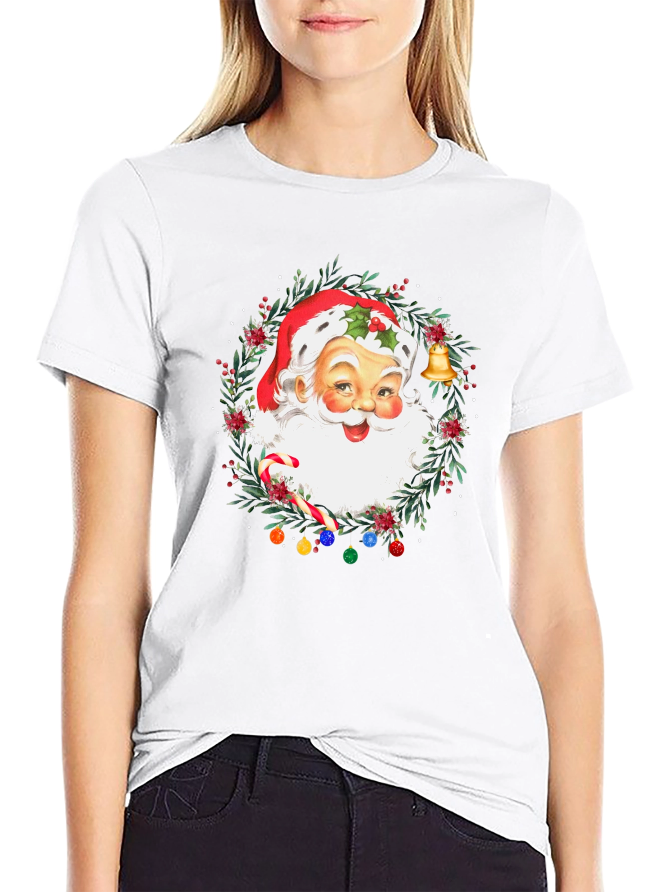 Festive Santa Christmas Wreath Graphic Tee