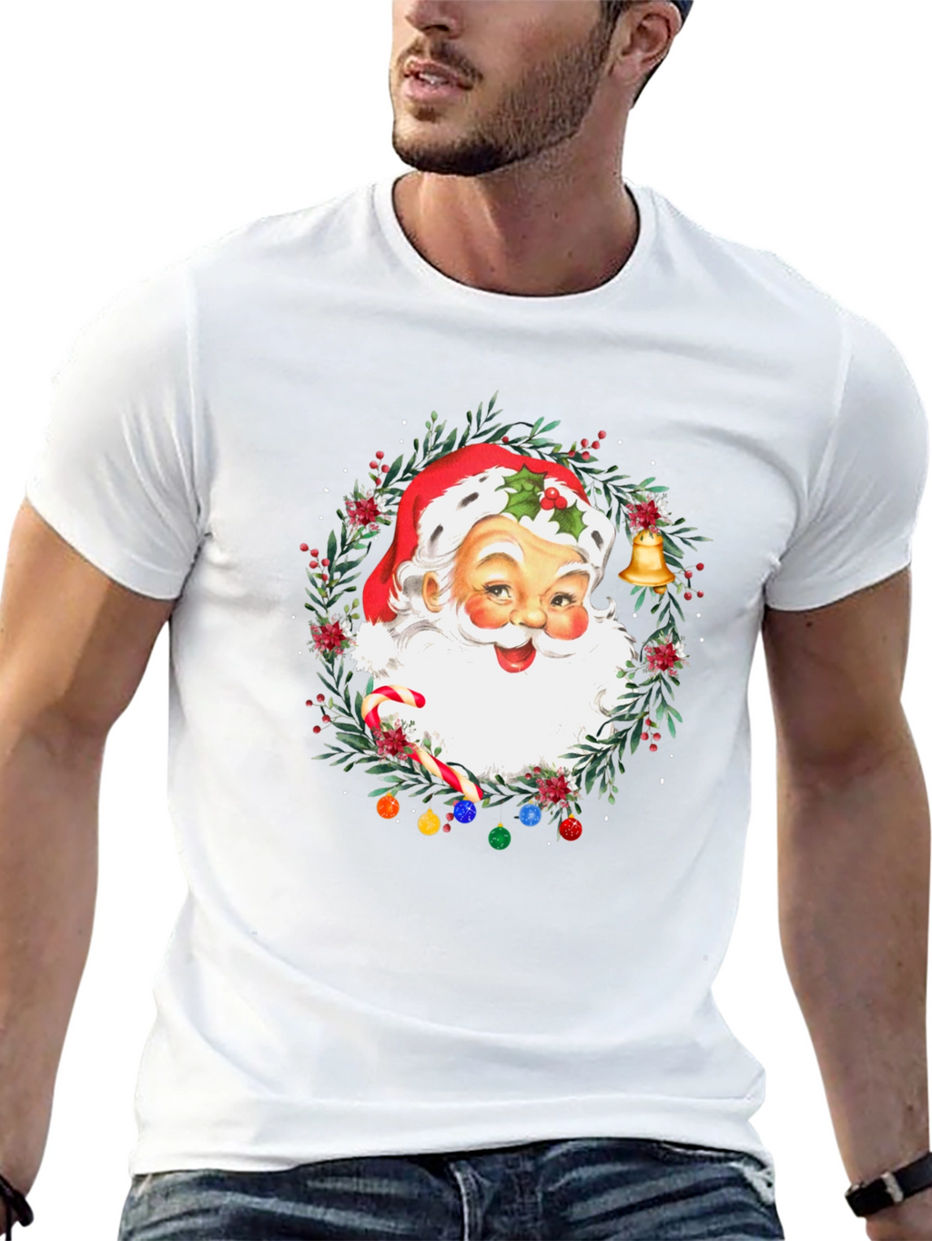 Festive Santa Christmas Wreath Graphic Tee