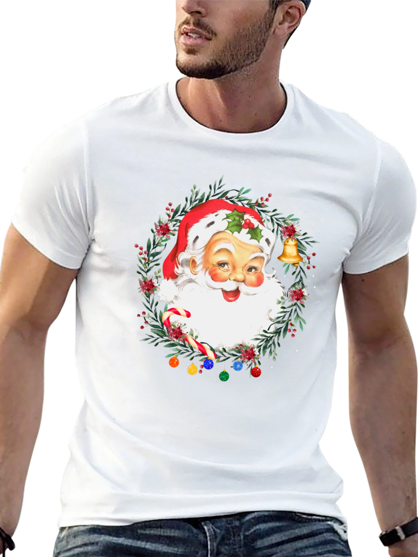 Festive Santa Christmas Wreath Graphic Tee