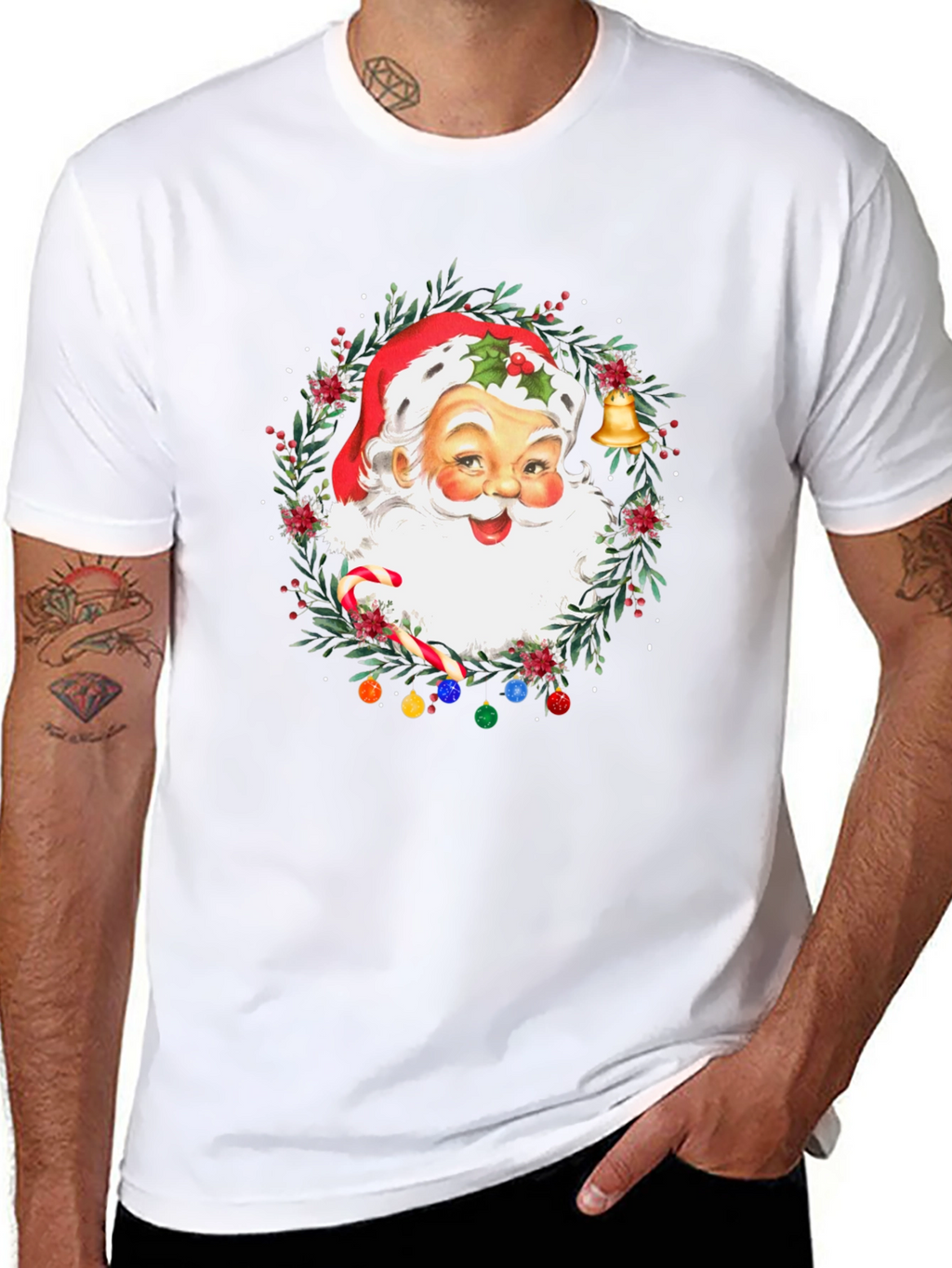 Festive Santa Christmas Wreath Graphic Tee