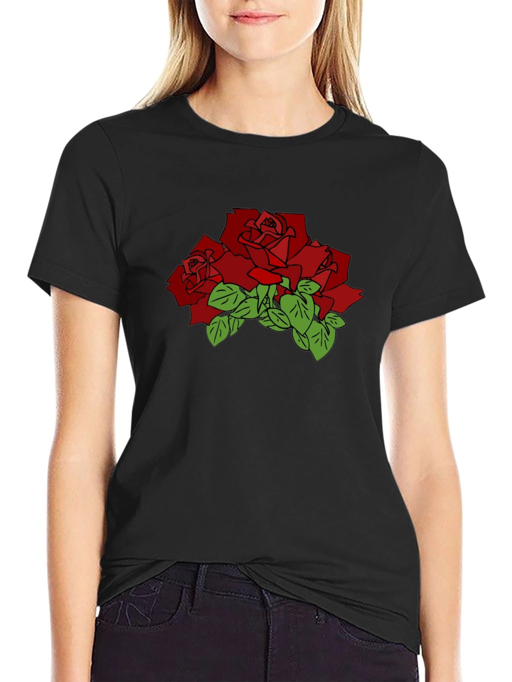 Black T-Shirt with Red Rose Graphic