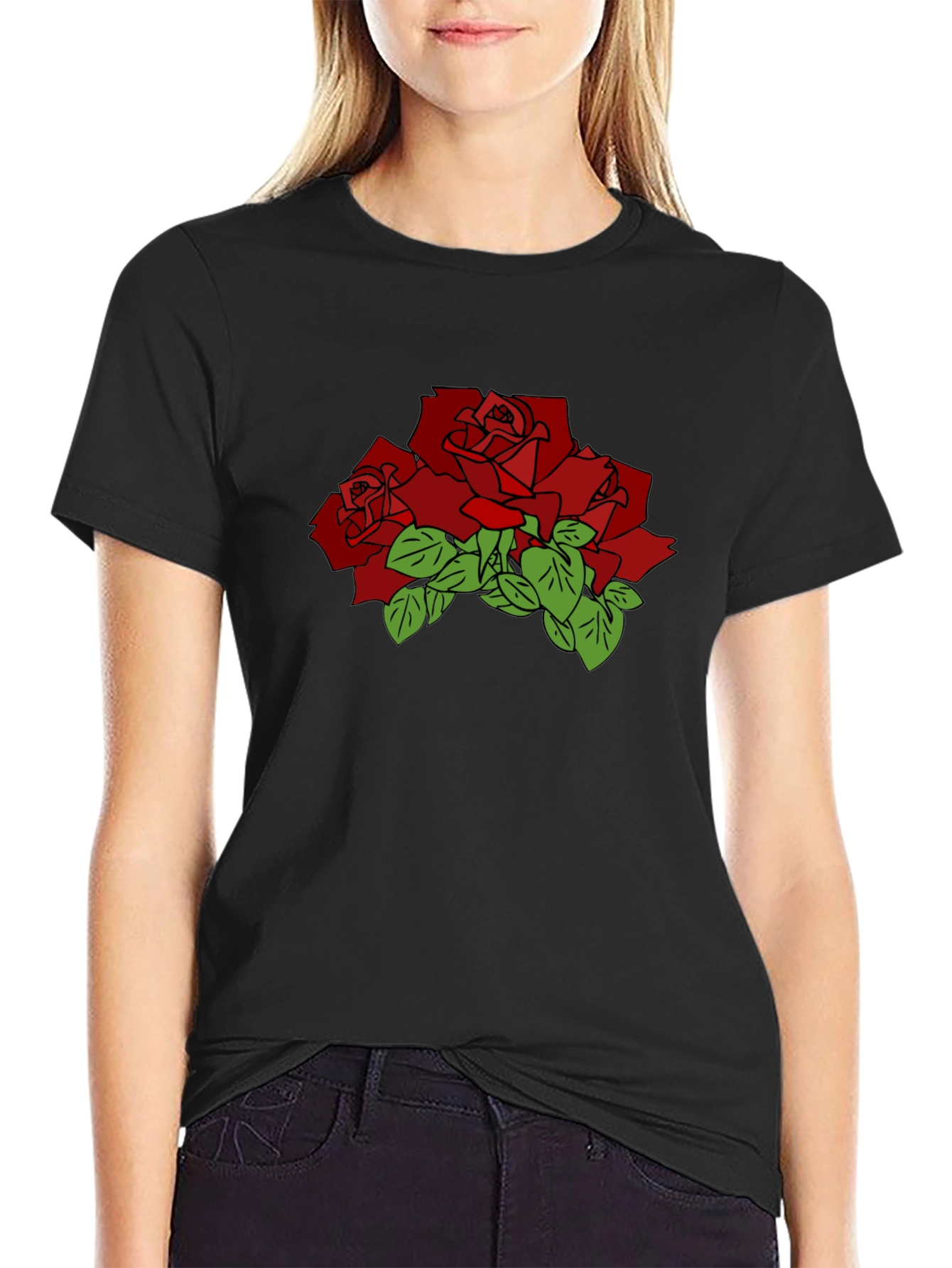 Black T-Shirt with Red Rose Graphic