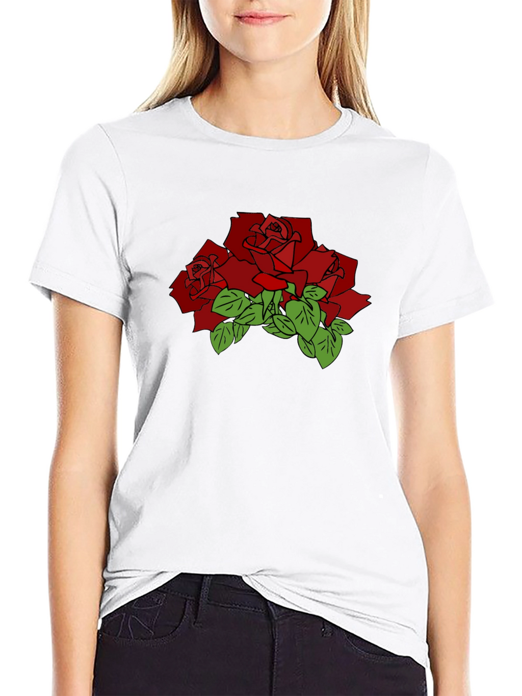 Black T-Shirt with Red Rose Graphic