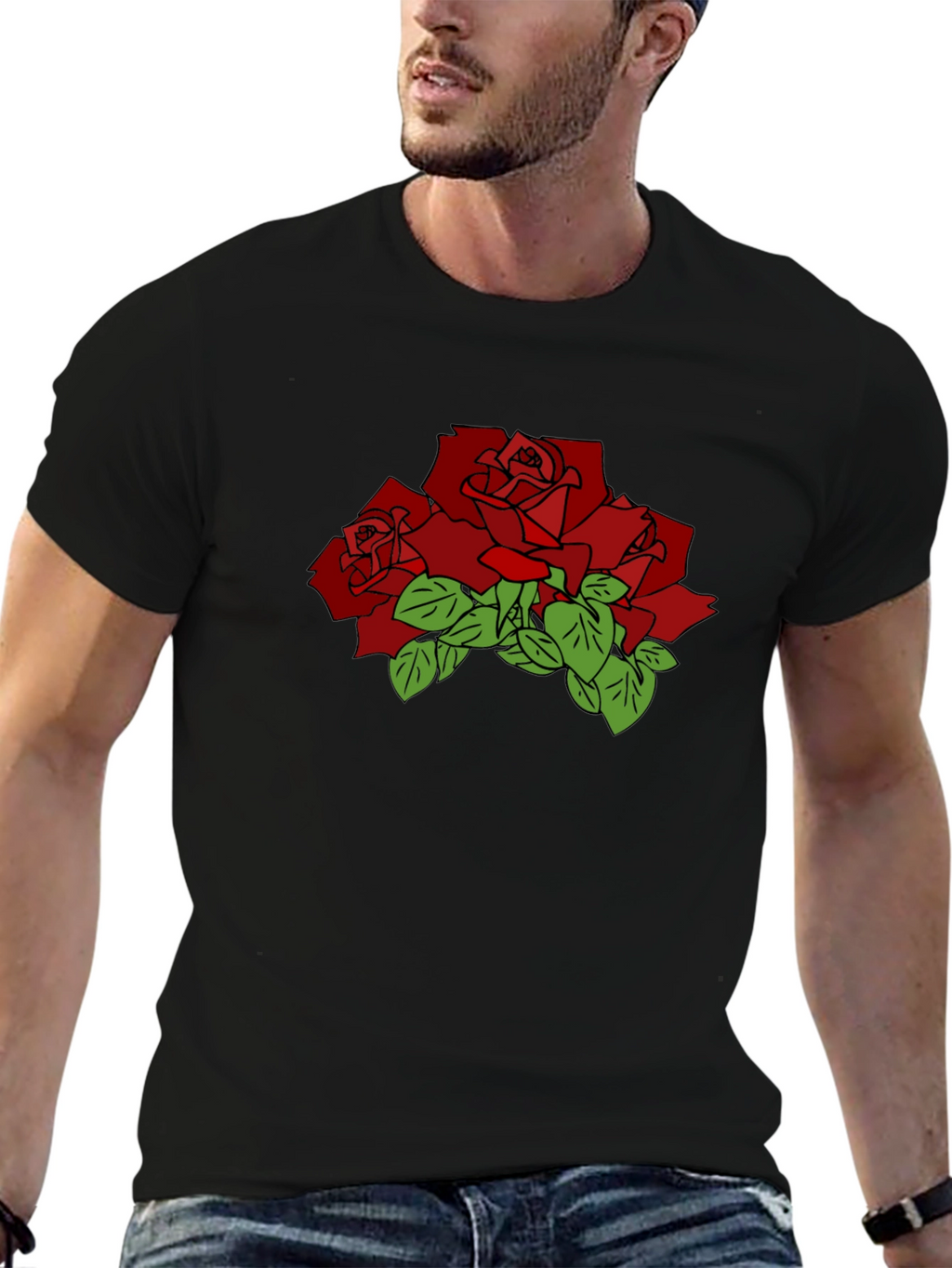 Black T-Shirt with Red Rose Graphic