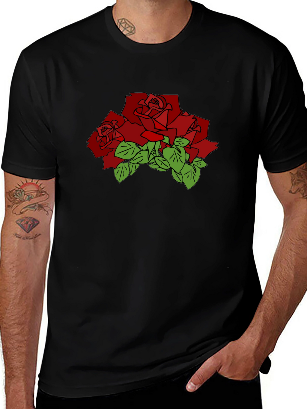 Black T-Shirt with Red Rose Graphic