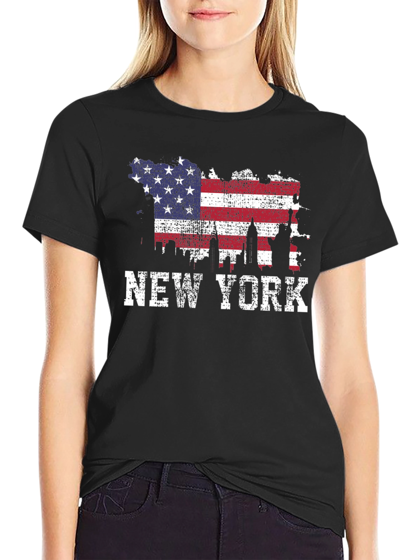 New York Skyline USA Flag Graphic T-Shirt