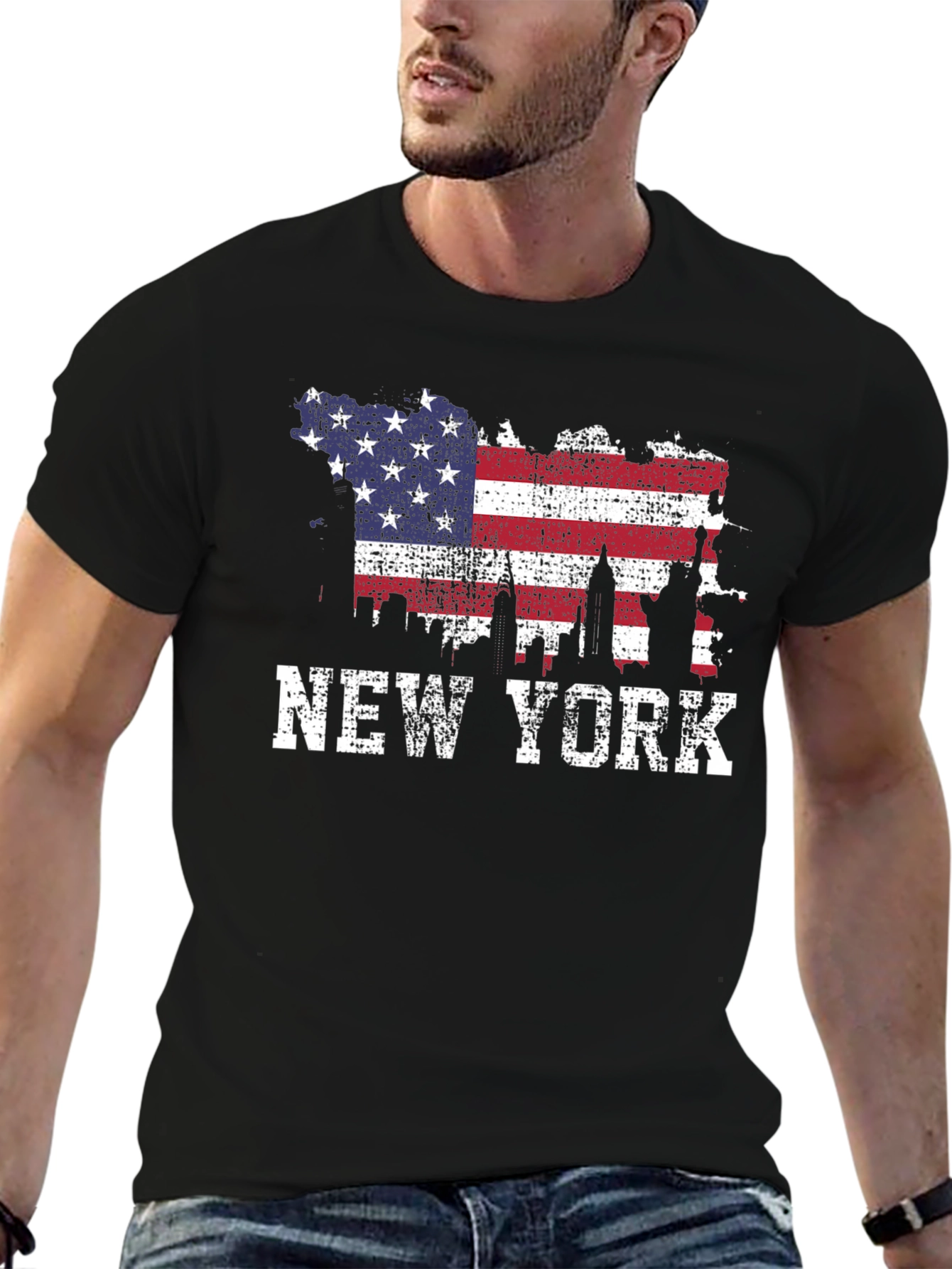 New York Skyline USA Flag Graphic T-Shirt