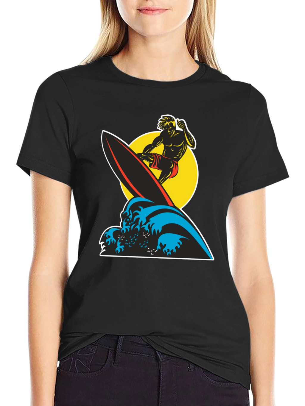 Surfer Wave Graphic Tee - Black Cotton T-Shirt