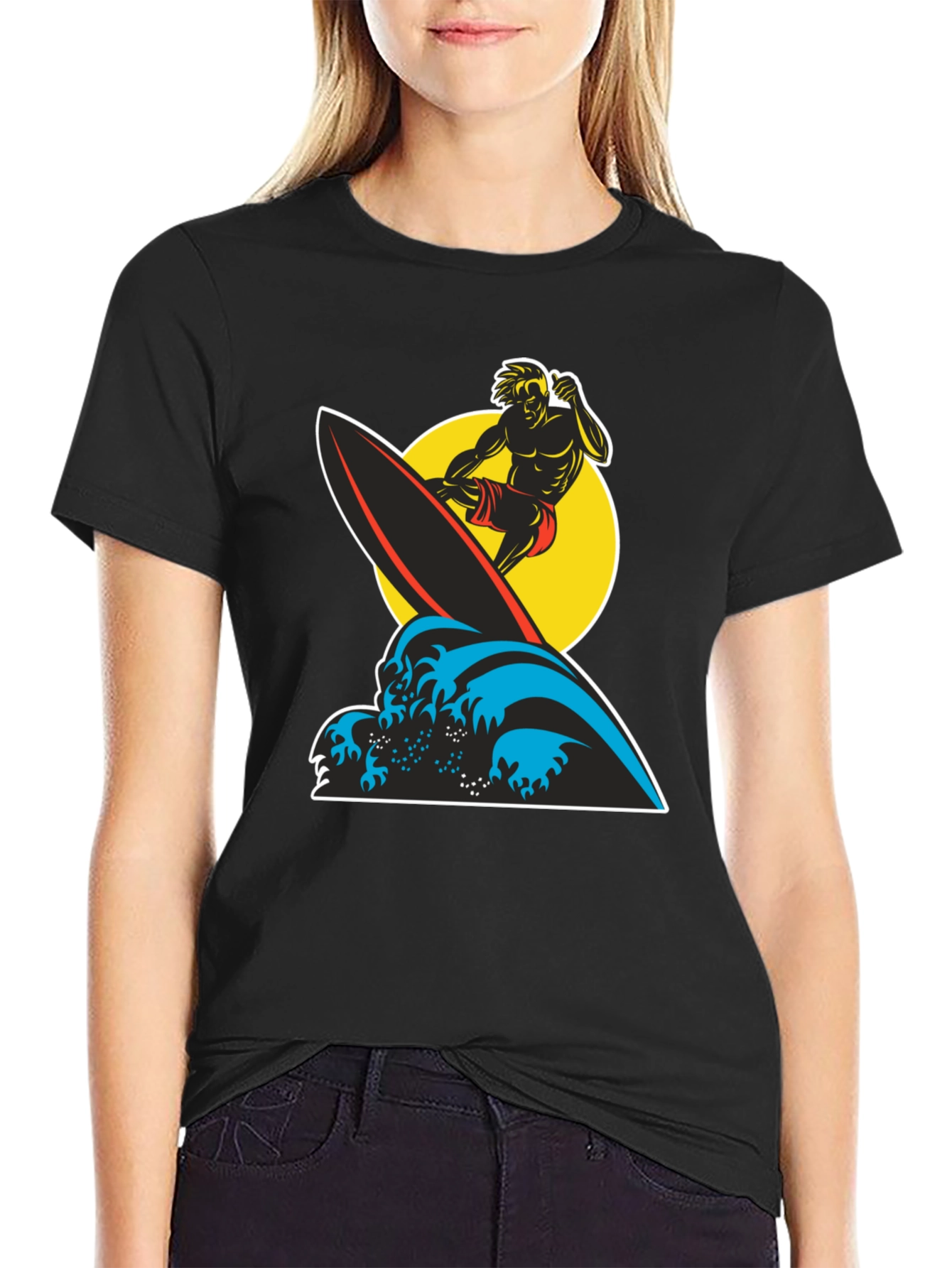 Surfer Wave Graphic Tee - Black Cotton T-Shirt