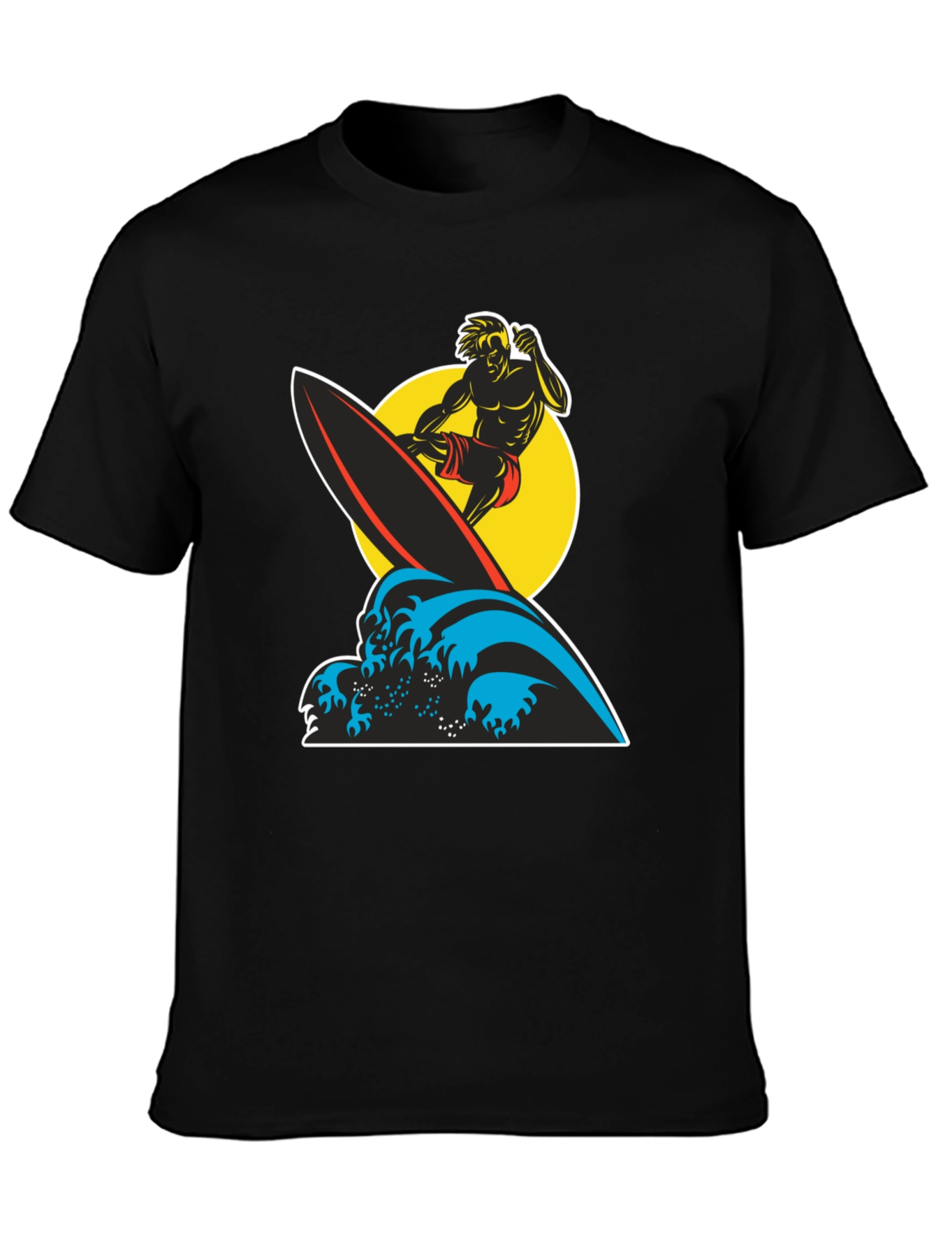 Surfer Wave Graphic Tee - Black Cotton T-Shirt