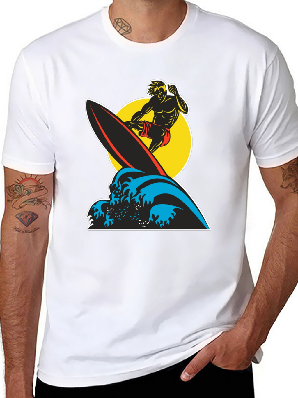 Surfer Wave Graphic Tee - Black Cotton T-Shirt