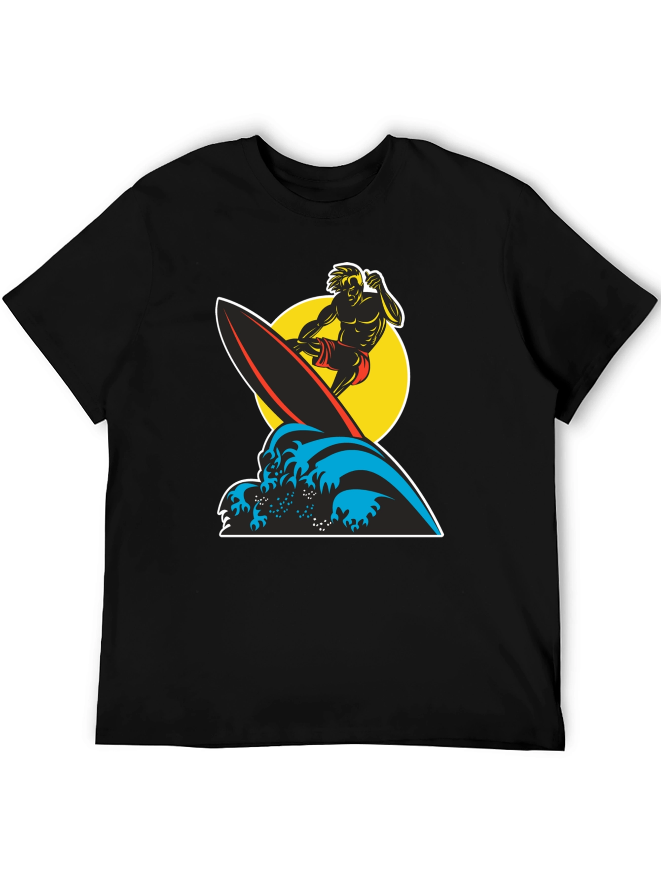 Surfer Wave Graphic Tee - Black Cotton T-Shirt