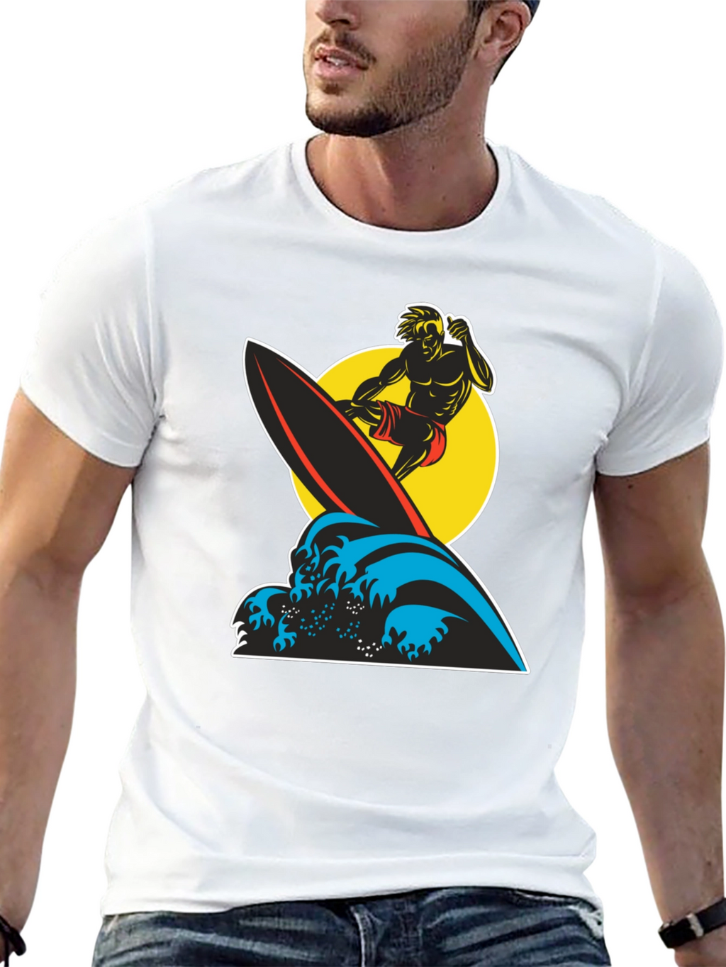 Surfer Wave Graphic Tee - Black Cotton T-Shirt