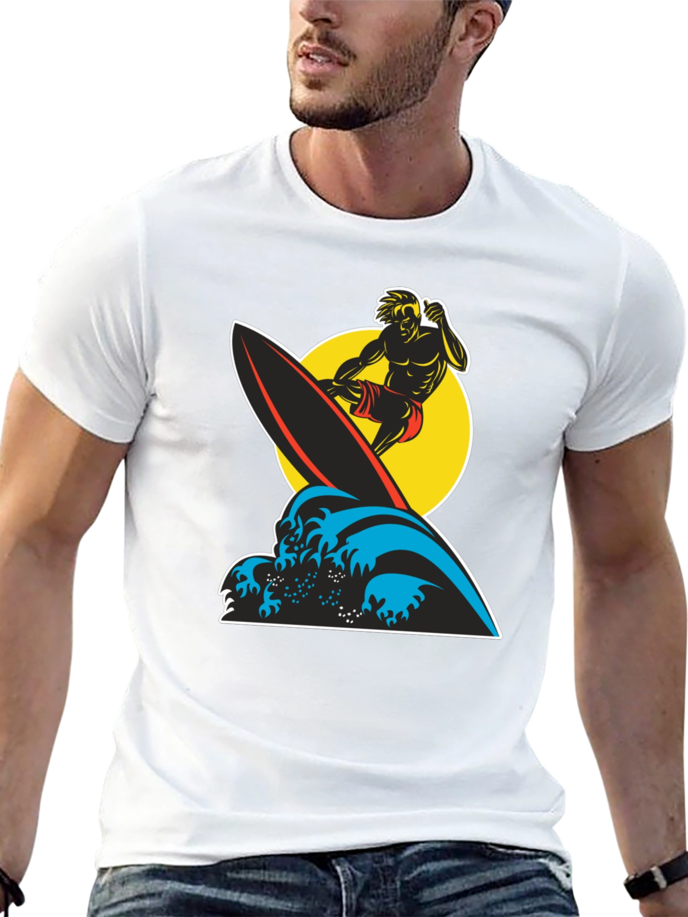 Surfer Wave Graphic Tee - Black Cotton T-Shirt