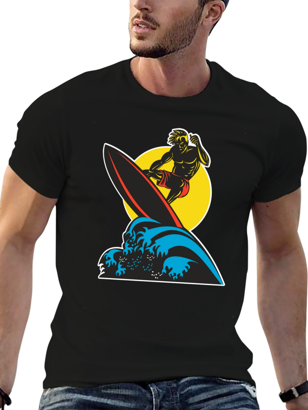 Surfer Wave Graphic Tee - Black Cotton T-Shirt