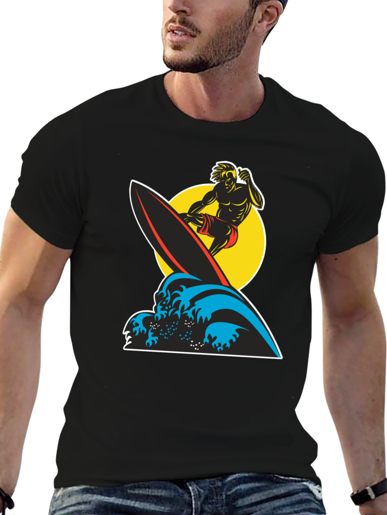 Surfer Wave Graphic Tee - Black Cotton T-Shirt